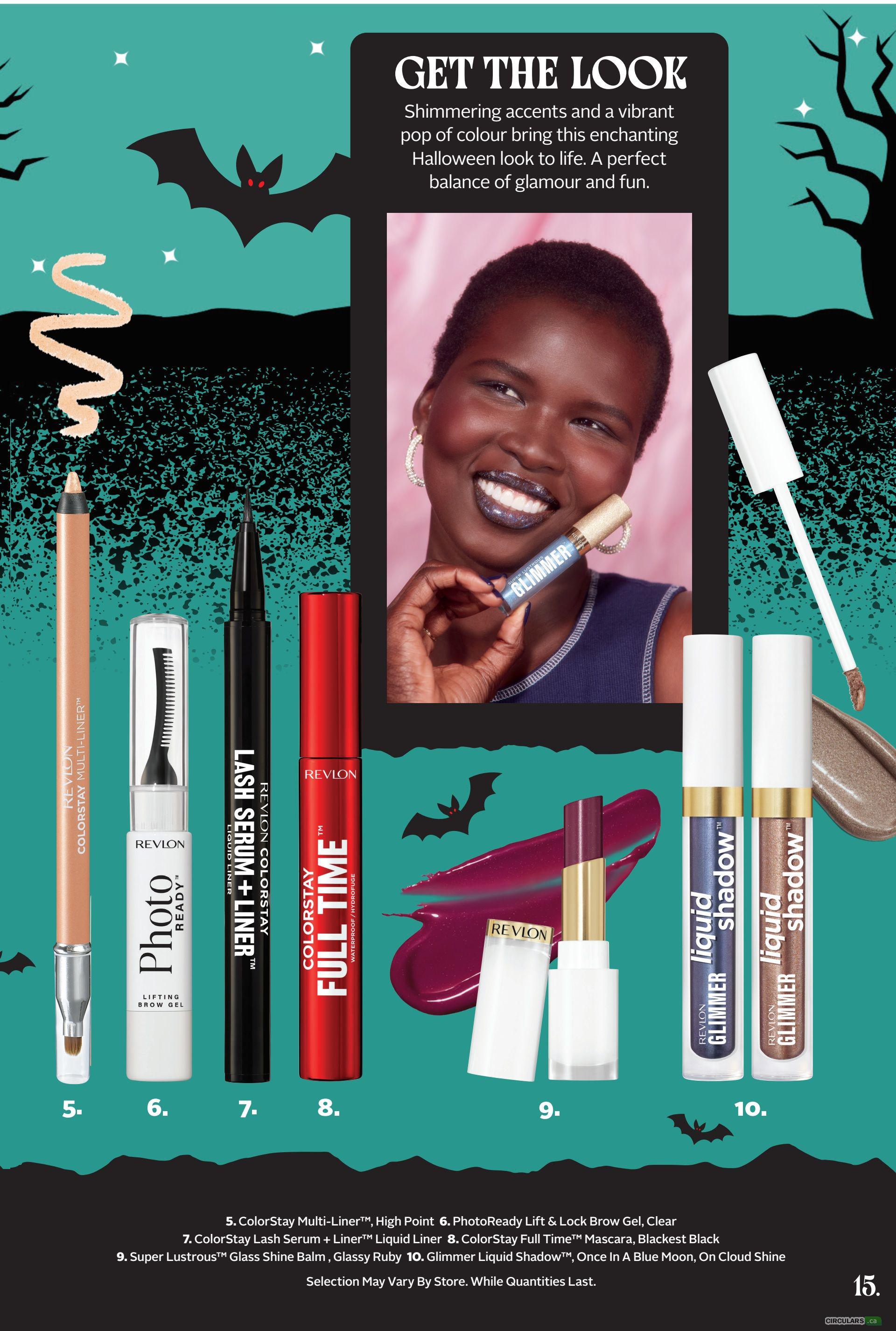 Rexall flyer page 30, 'Get The Look' Halloween makeup feature. Includes Revlon ColorStay Multi-Liner in High Point, PhotoReady Lift & Lock Brow Gel in Clear, ColorStay Lash Serum + Liner Liquid Liner, ColorStay Full Time Mascara in Blackest Black, Super Lustrous Glass Shine Balm in Glassy Ruby, and Glimmer Liquid Shadow in Once In A Blue Moon and On Cloud Shine. While quantities last.