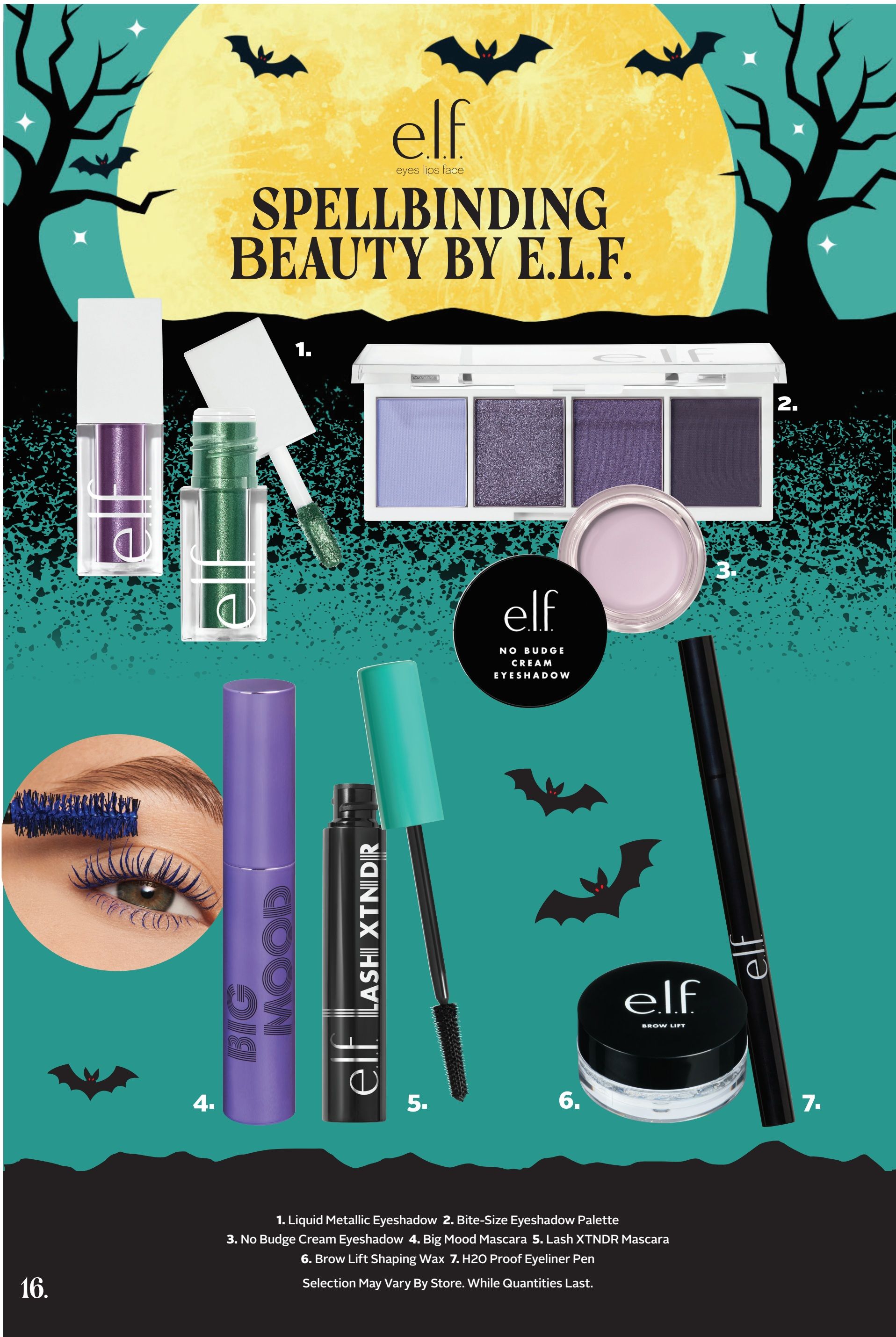 Rexall flyer page 31 features 'Spellbinding Beauty by E.L.F.' Halloween collection. Products include: 1. E.L.F. Liquid Metallic Eyeshadow in purple and green shades. 2. E.L.F. Bite-Size Eyeshadow Palette with four purple and blue shades. 3. E.L.F. No Budge Cream Eyeshadow in a light pink shade. 4. E.L.F. Big Mood Mascara in purple. 5. E.L.F. Lash XTNDR Mascara. 6. E.L.F. Brow Lift Shaping Wax. 7. E.L.F. H2O Proof Eyeliner Pen. Selection may vary by store while quantities last.
