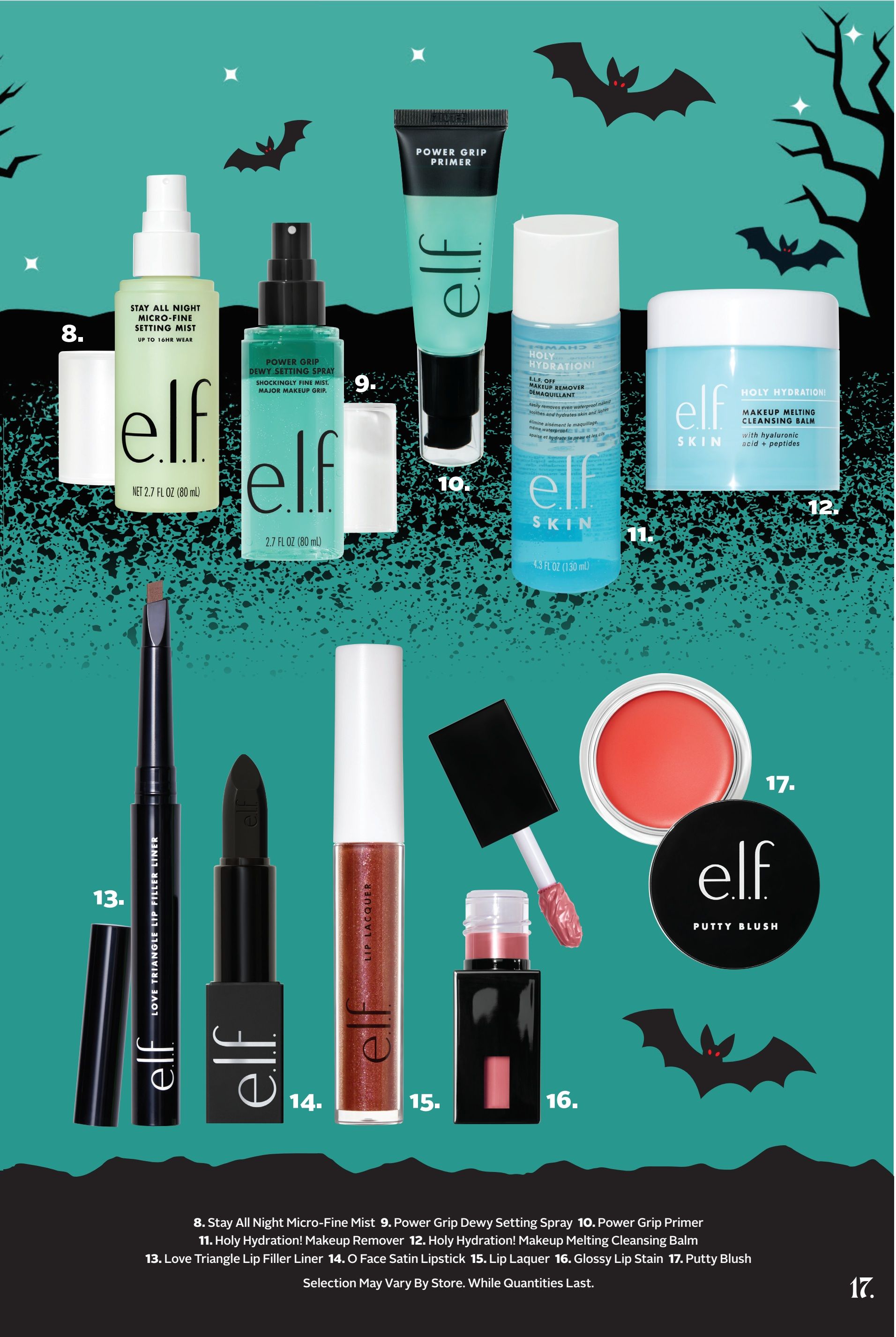 Page 32 of the Rexall flyer showcases a variety of e.l.f. cosmetics. Featured items include: 8. Stay All Night Micro-Fine Setting Mist, 9. Power Grip Dewy Setting Spray, 10. Power Grip Primer, 11. Holy Hydration! Makeup Remover, 12. Holy Hydration! Makeup Melting Cleansing Balm, 13. Love Triangle Lip Filler Liner, 14. O Face Satin Lipstick, 15. Lip Laquer, 16. Glossy Lip Stain, and 17. Putty Blush. Selection may vary by store. While quantities last.
