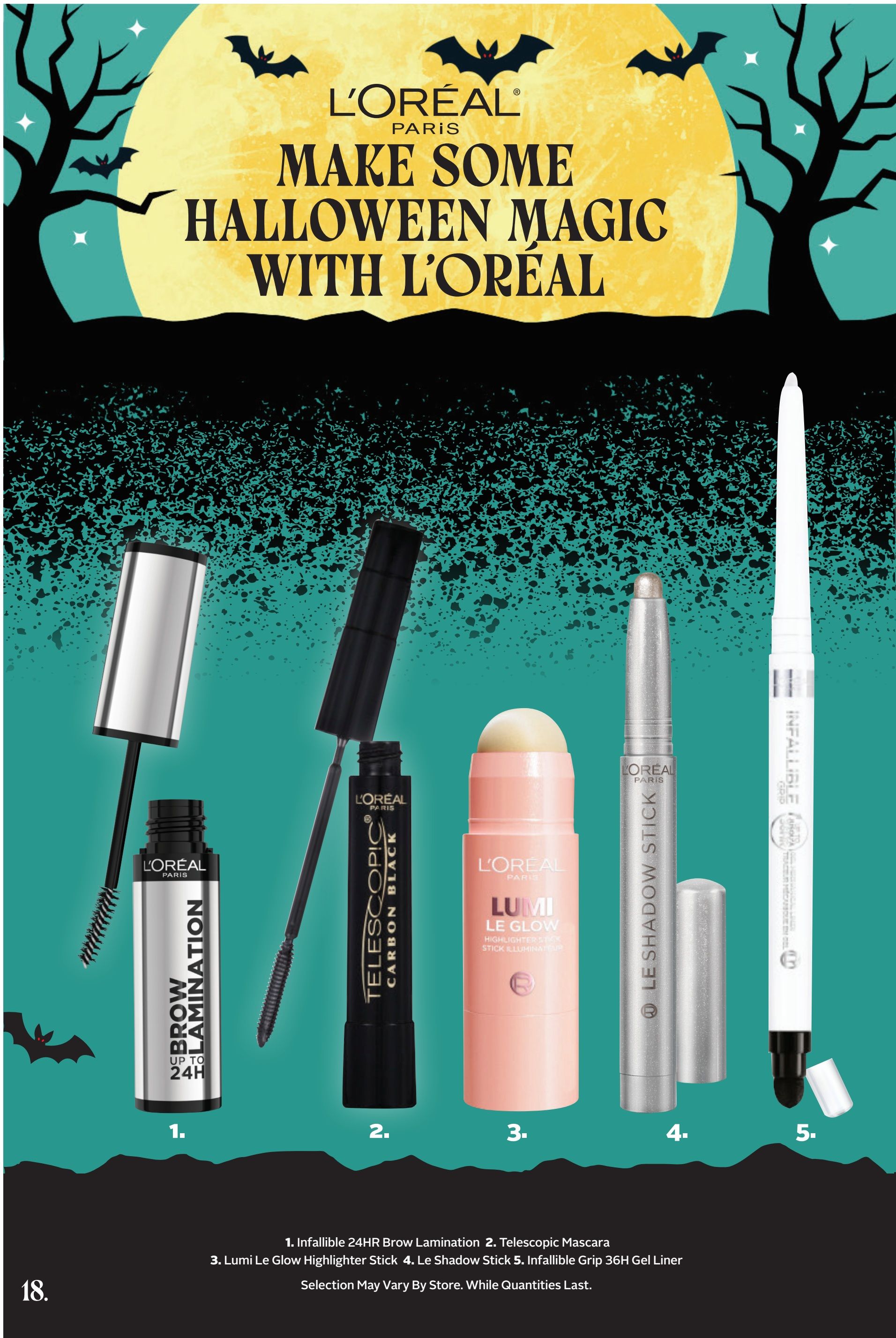 Rexall flyer page 33 features L'Oréal Paris 'Make Some Halloween Magic With L'Oréal' promotion. Products shown include: 1. Infallible 24HR Brow Lamination, 2. Telescopic Mascara, 3. Lumi Le Glow Highlighter Stick, 4. Le Shadow Stick, and 5. Infallible Grip 36H Gel Liner. Selection may vary by store. While quantities last.