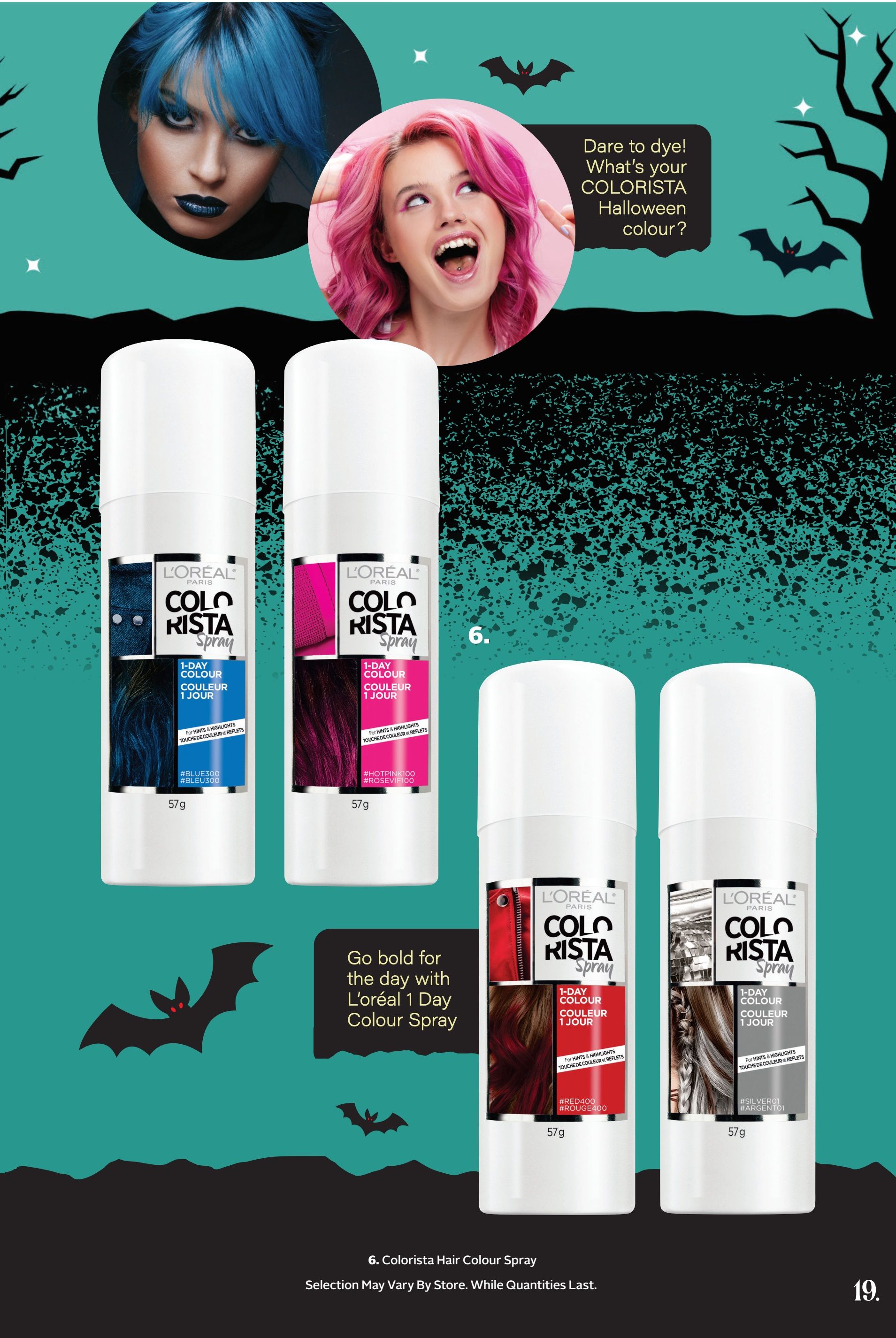 Rexall Ontario flyer page 34 features L'Oréal Colorista 1-Day Colour Sprays in various shades for Halloween. The page showcases models with vibrant blue and pink hair, and the sprays are available in #BLUE300, #ROSEV100, #RED400, and #SILVER01. Each 57g can is designed for hints and highlights, offering temporary colour. The text 'Dare to dye! What's your COLORISTA Halloween colour?' and 'Go bold for the day with L'Oréal 1 Day Colour Spray' encourages customers to experiment with their look. Item number 6, Colorista Hair Colour Spray, is featured with a note that selection may vary by store and while quantities last. The page also includes Halloween-themed graphics like bats and a spooky tree.