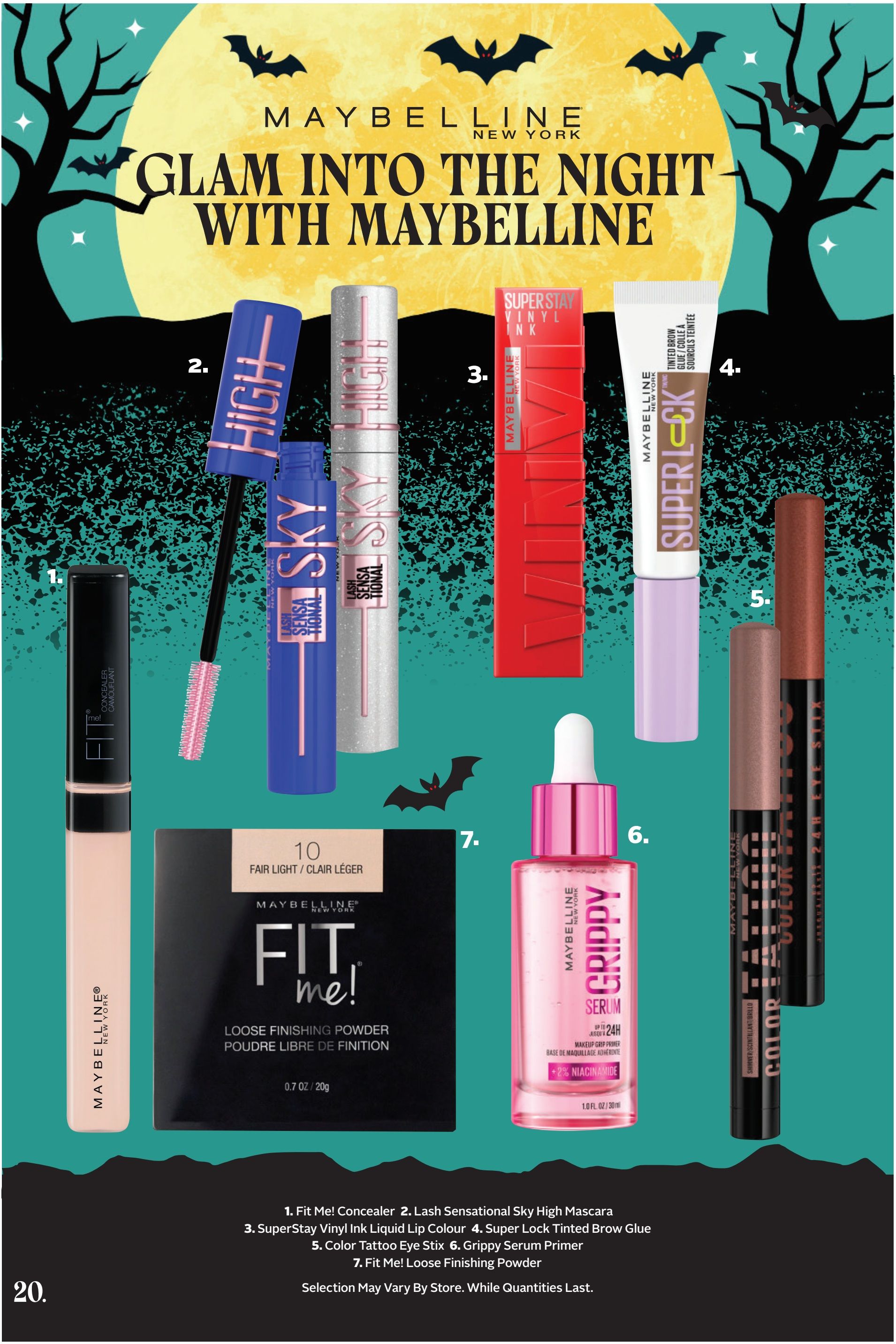 Rexall Ontario weekly flyer specials, page 35, featuring Maybelline New York products for a 'Glam Into The Night' theme. Products include: 1. Fit Me Concealer, 2. Lash Sensational Sky High Mascara, 3. SuperStay Vinyl Ink Liquid Lip Colour, 4. Super Lock Tinted Brow Glue, 5. Color Tattoo Eye Stix, 6. Grippy Serum Primer with 2% Niacinamide, and 7. Fit Me Loose Finishing Powder in Fair Light. Selection may vary by store, while quantities last.