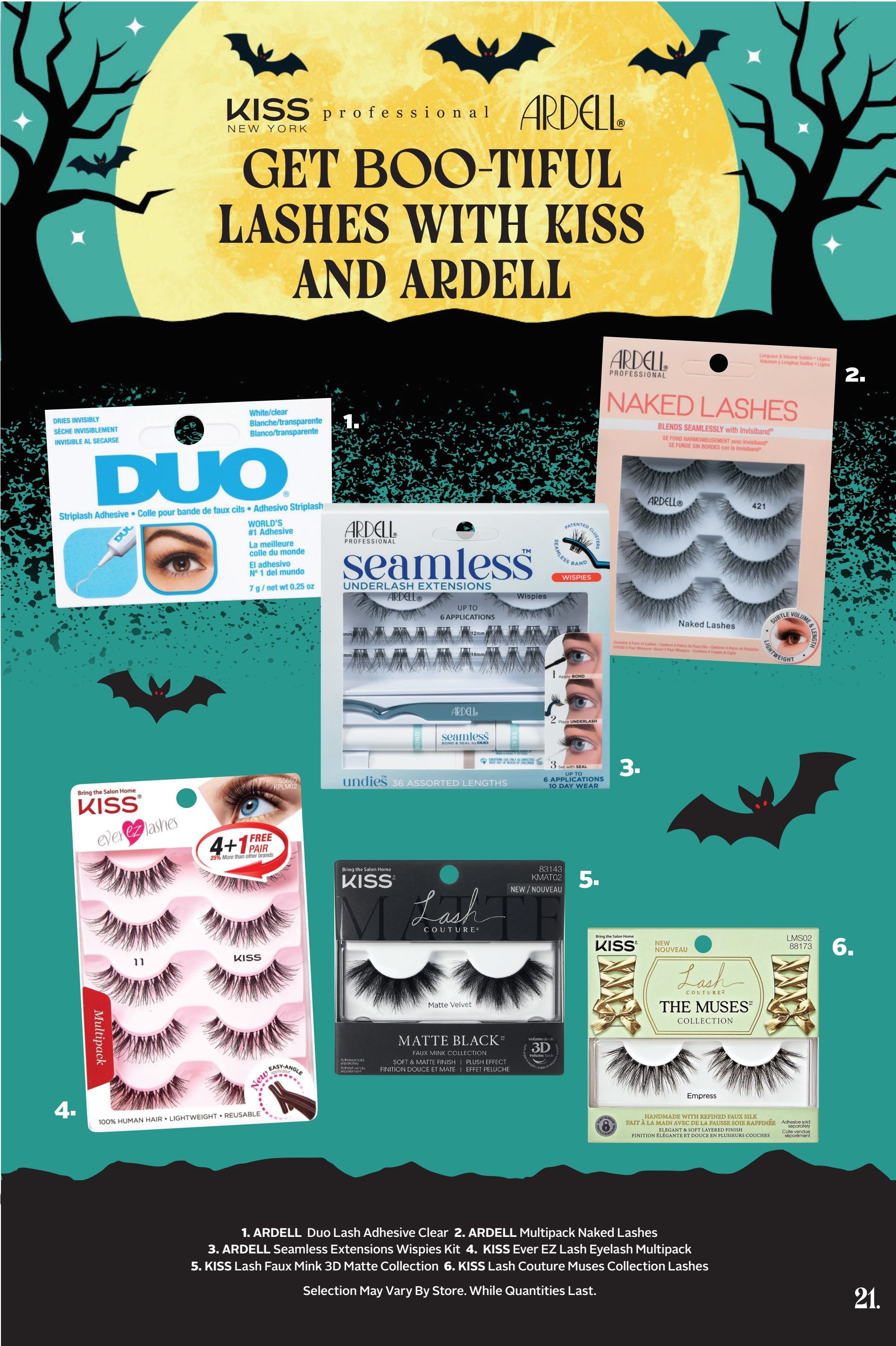 Page 36 of the Rexall flyer features a Halloween-themed promotion on false eyelashes. Products include ARDELL Duo Lash Adhesive Clear, ARDELL Multipack Naked Lashes, ARDELL Seamless Extensions Wispies Kit, KISS Ever EZ Lash Multipack, KISS Lash Faux Mink 3D Matte Collection, and KISS Lash Couture Muses Collection Lashes. Selection may vary by store. While quantities last.