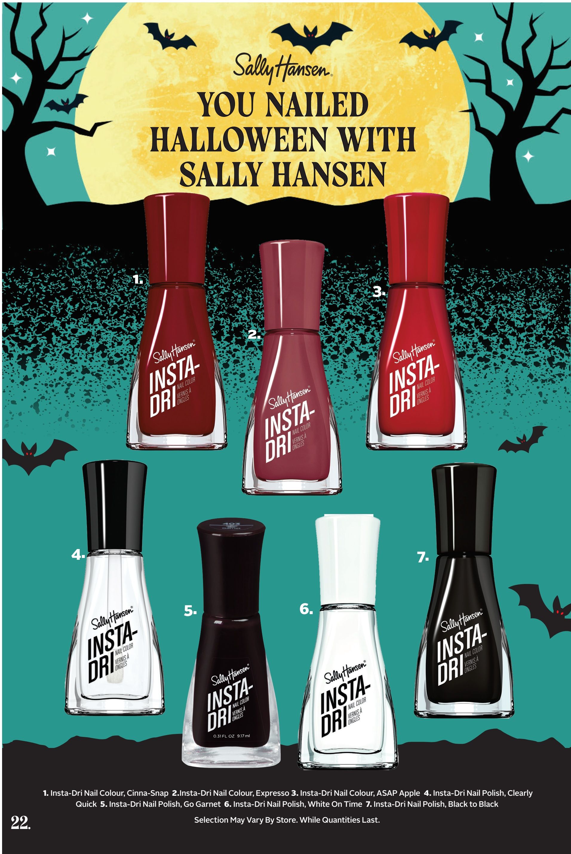 Page 37 of the Rexall flyer features Sally Hansen Insta-Dri Nail Colour for Halloween. The page showcases seven shades: 1. Insta-Dri Nail Colour, Cinna-Snap; 2. Insta-Dri Nail Colour, Expresso; 3. Insta-Dri Nail Colour, ASAP Apple; 4. Insta-Dri Nail Polish, Clearly Quick; 5. Insta-Dri Nail Polish, Go Garnet; 6. Insta-Dri Nail Polish, White On Time; 7. Insta-Dri Nail Polish, Black to Black. The selection may vary by store, while quantities last. The page has a Halloween theme with a large moon and bats.