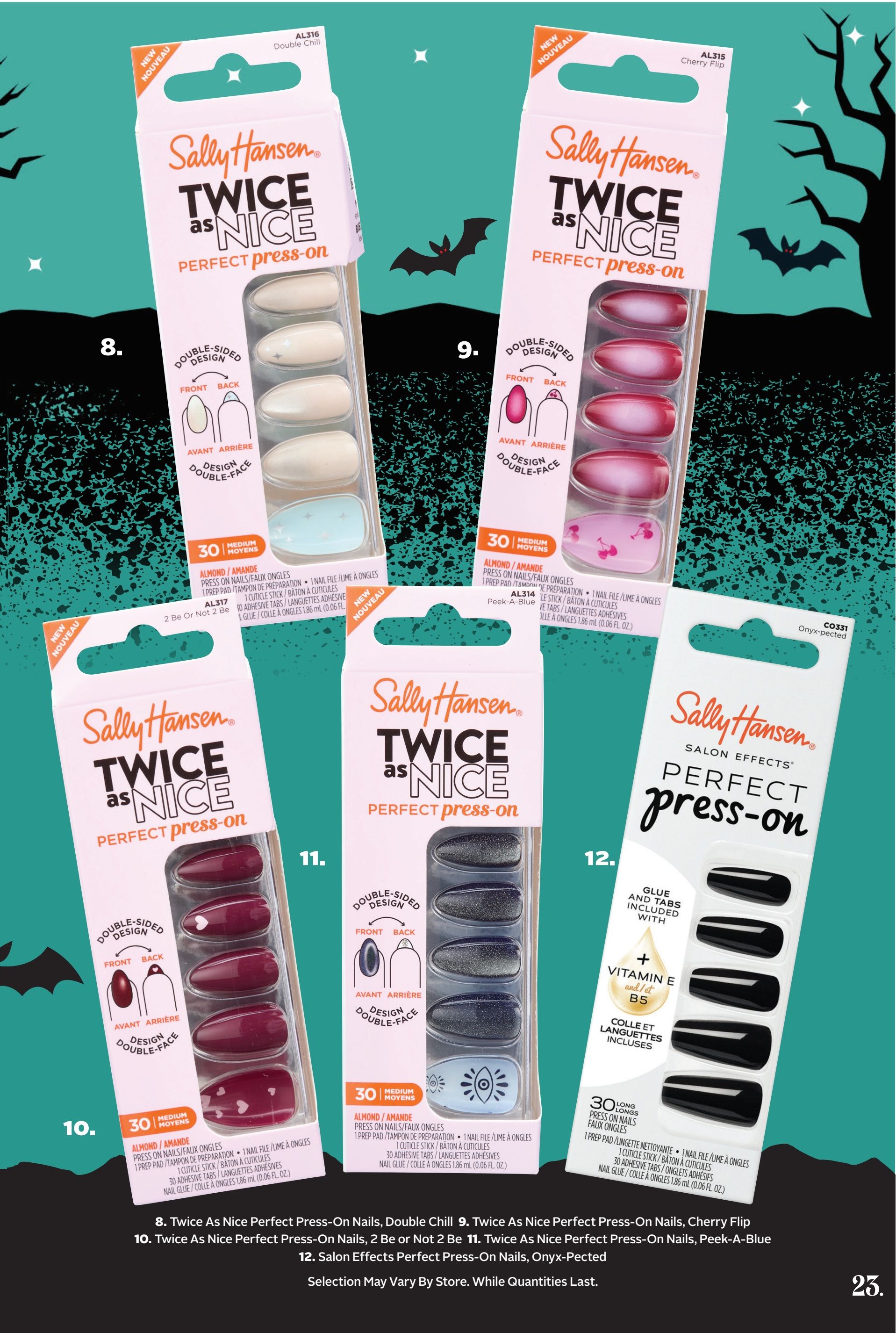 Page 38 of the Rexall flyer features Sally Hansen Twice as Nice Perfect Press-On Nails. Item 8 is Sally Hansen Twice as Nice Perfect Press-On Nails in Double Chill, featuring a neutral almond shape. Item 9 showcases Sally Hansen Twice as Nice Perfect Press-On Nails in Cherry Flip, with a medium almond shape and a pink ombre design. Item 10 presents Sally Hansen Twice as Nice Perfect Press-On Nails in 2 Be or Not 2 Be, also medium almond shape, in a deep berry colour with heart accents. Item 11 displays Sally Hansen Twice as Nice Perfect Press-On Nails in Peek-A-Blue, featuring a medium almond shape with a blue and white celestial design. All these options include 30 nails and are described as perfect press-on. Item 12 features Sally Hansen Salon Effects Perfect Press-On Nails in Onyx-Pected, a long black coffin shape, with glue and tabs included, plus Vitamin E and B5. Selection may vary by store. While quantities last.