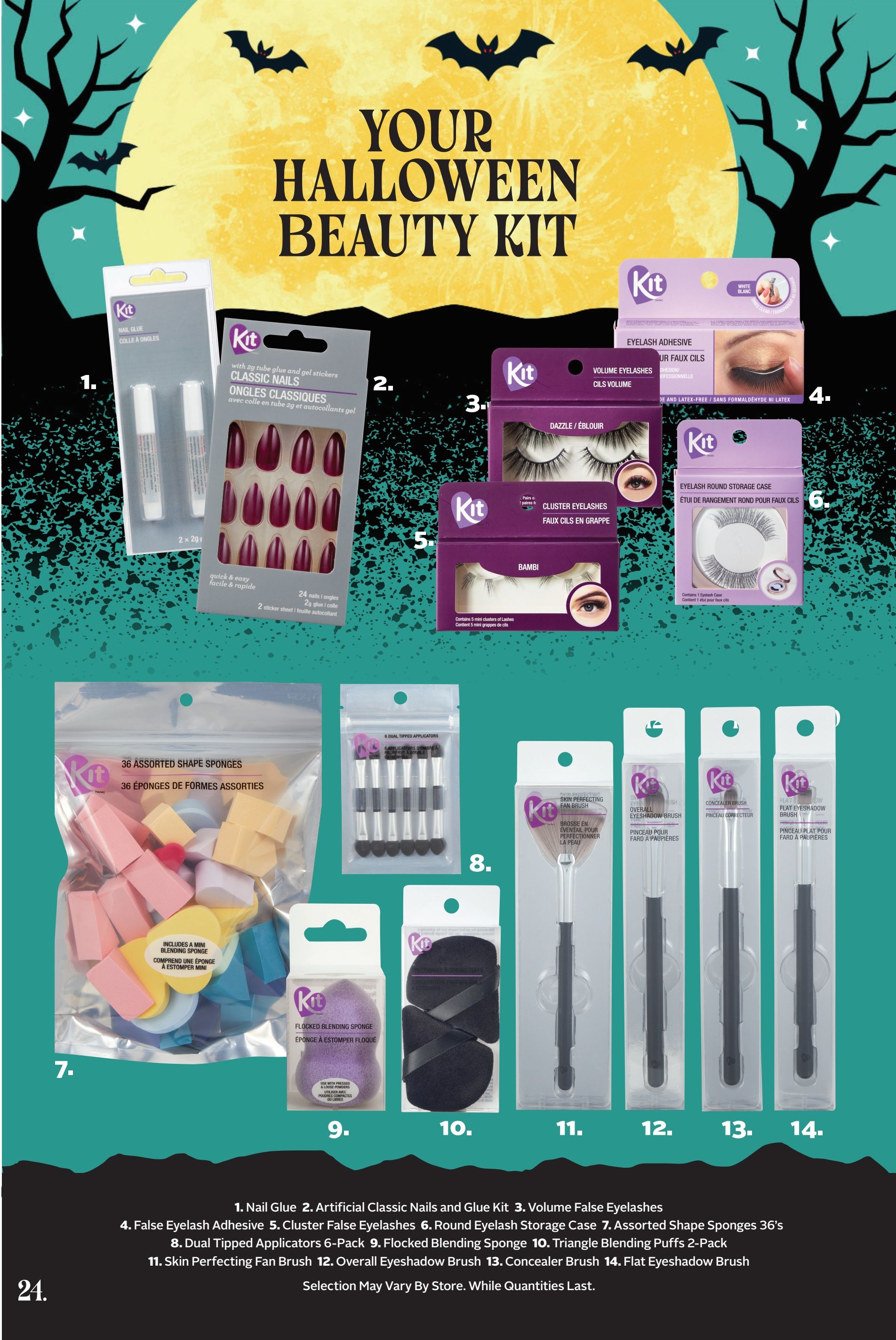 Rexall flyer page 39 features a Halloween Beauty Kit with various makeup accessories. Items include: 1. Nail Glue, 2. Artificial Classic Nails and Glue Kit with 24 nails and gel stickers, 3. Volume False Eyelashes in 'Dazzle/Éblouir' style, 4. Eyelash Adhesive, 5. Cluster False Eyelashes in 'Bambi' style, 6. Round Eyelash Storage Case, 7. Assorted Shape Sponges (36 count) including a mini blending sponge, 8. Dual Tipped Applicators (6-pack), 9. Flocked Blending Sponge, 10. Triangle Blending Puffs (2-pack), 11. Skin Perfecting Fan Brush, 12. Overall Eyeshadow Brush, 13. Concealer Brush, and 14. Flat Eyeshadow Brush. Selection may vary by store. While quantities last.