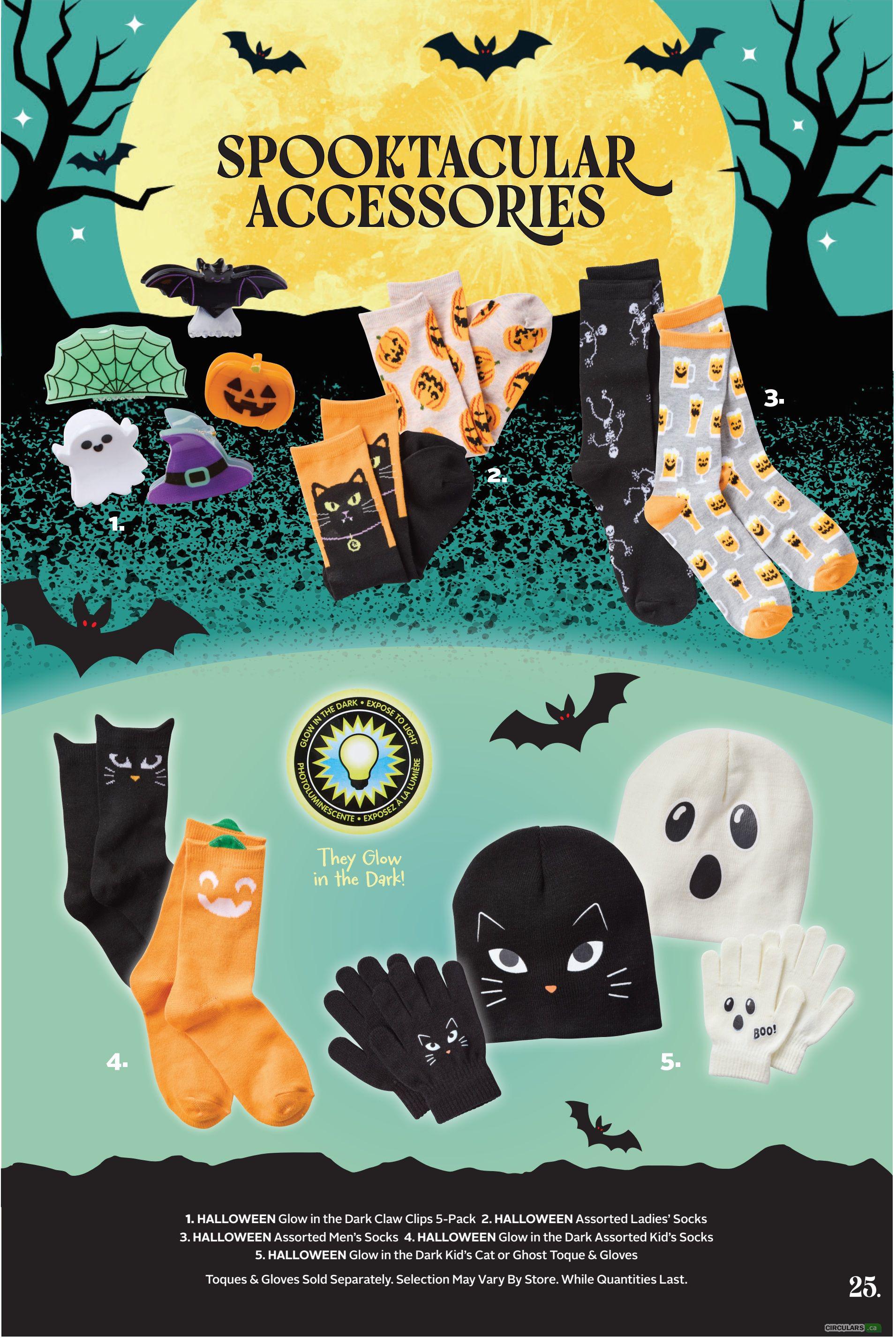 Rexall flyer page 25 featuring Spooktacular Accessories for Halloween. Items include: 1. Glow in the Dark Claw Clips 5-Pack, 2. Assorted Ladies' Socks with pumpkin and beer designs, 3. Assorted Men's Socks with skeleton and beer designs, 4. Glow in the Dark Assorted Kid's Socks in black cat and pumpkin designs, and 5. Glow in the Dark Kid's Cat or Ghost Toque & Gloves. Some items glow in the dark. Toques and gloves are sold separately. Selection may vary by store. While quantities last.