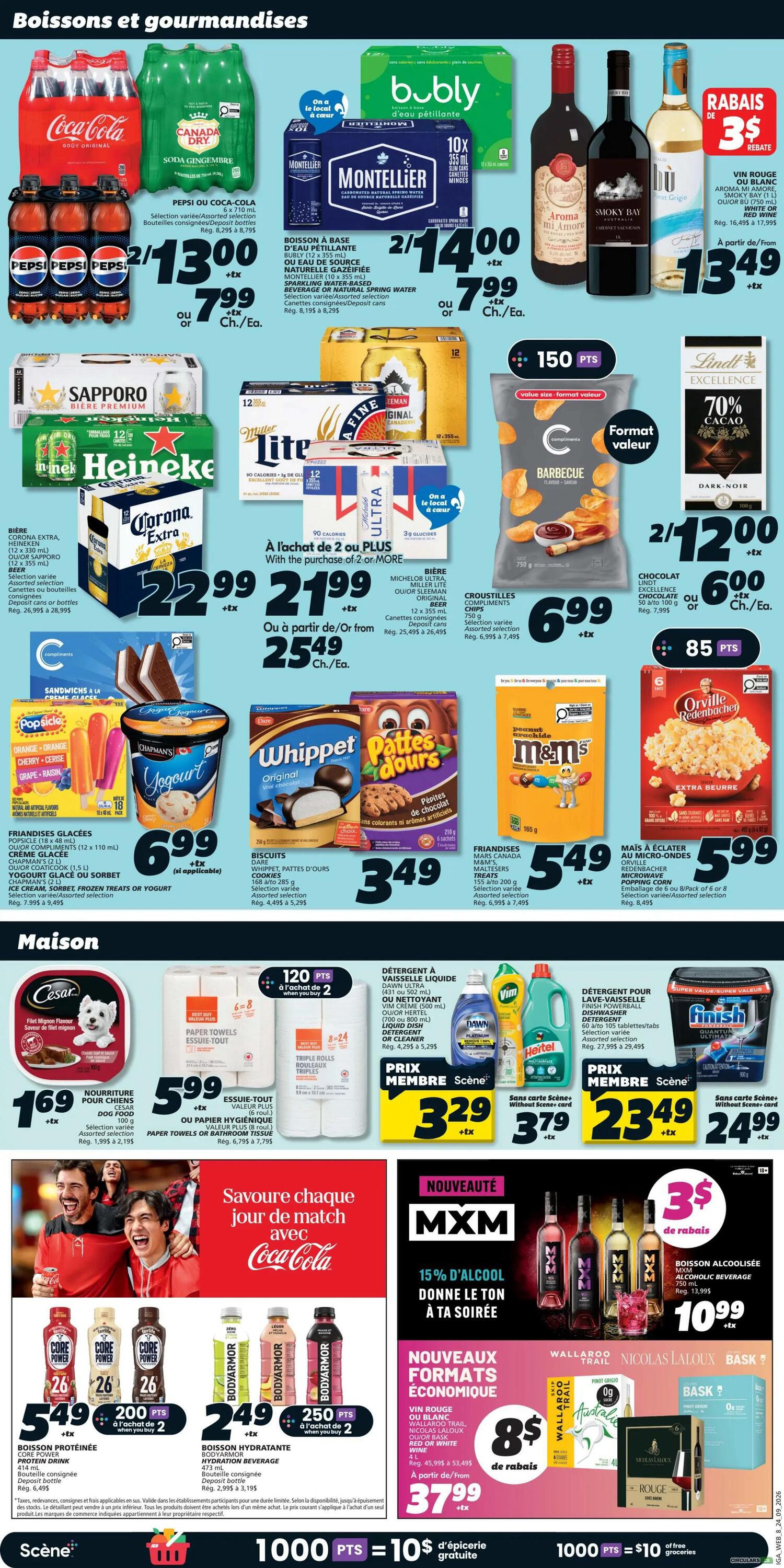 Page 10 of the IGA flyer features beverages and gourmet items. Top row includes Coca-Cola, Canada Dry Ginger Ale, and Montellier sparkling water, with Pepsi or Coca-Cola 24x 355ml bottles for 2 for $13.00. Bubly sparkling water 10x 355ml cans are 2 for $14.00. Aroma mi Amore and Smoky Bay wines are available, with a $3 rebate on select wines, priced from $13.49. Beer selections include Sapporo Premium Beer 12x 355ml, Heineken 12x 355ml, and Corona Extra 12x 355ml for $22.99 each, or from $25.49. Miller Lite or Michelob Ultra 12x 355ml cans are 2 for $21.99. Compliments Barbecue chips 750g are $6.99. Lindt Excellence 70% Cacao dark chocolate 100g is 2 for $12.00. Middle row features Popsicle frozen treats, Chapman's Yogurt 1.5L, Whippet cookies, and M&M's candies for $5.49. Orville Redenbacher microwave popcorn is $5.99. Bottom section includes Cesar dog food for $1.69, and Paper Towels or Bathroom Tissue 6-8 rolls for $5.99. Dawn Ultra dish soap, Vim, and Finish dish detergent are on sale for members at $3.29, $3.79, and $2.349 respectively. Coca-Cola is featured with a 'Savour every match day' promotion. Core Power protein drinks and Bodyarmor hydration drinks are 2 for $5.49 and 2 for $2.49, with 200 or 250 points respectively. MXM alcoholic beverages are 15% off. Wallaroo Trail, Nicolas Laloux, and BASSK wines are available with an $8 rebate, starting from $37.99. The bottom of the page shows a points promotion: 1000 points equals $10 in free groceries.