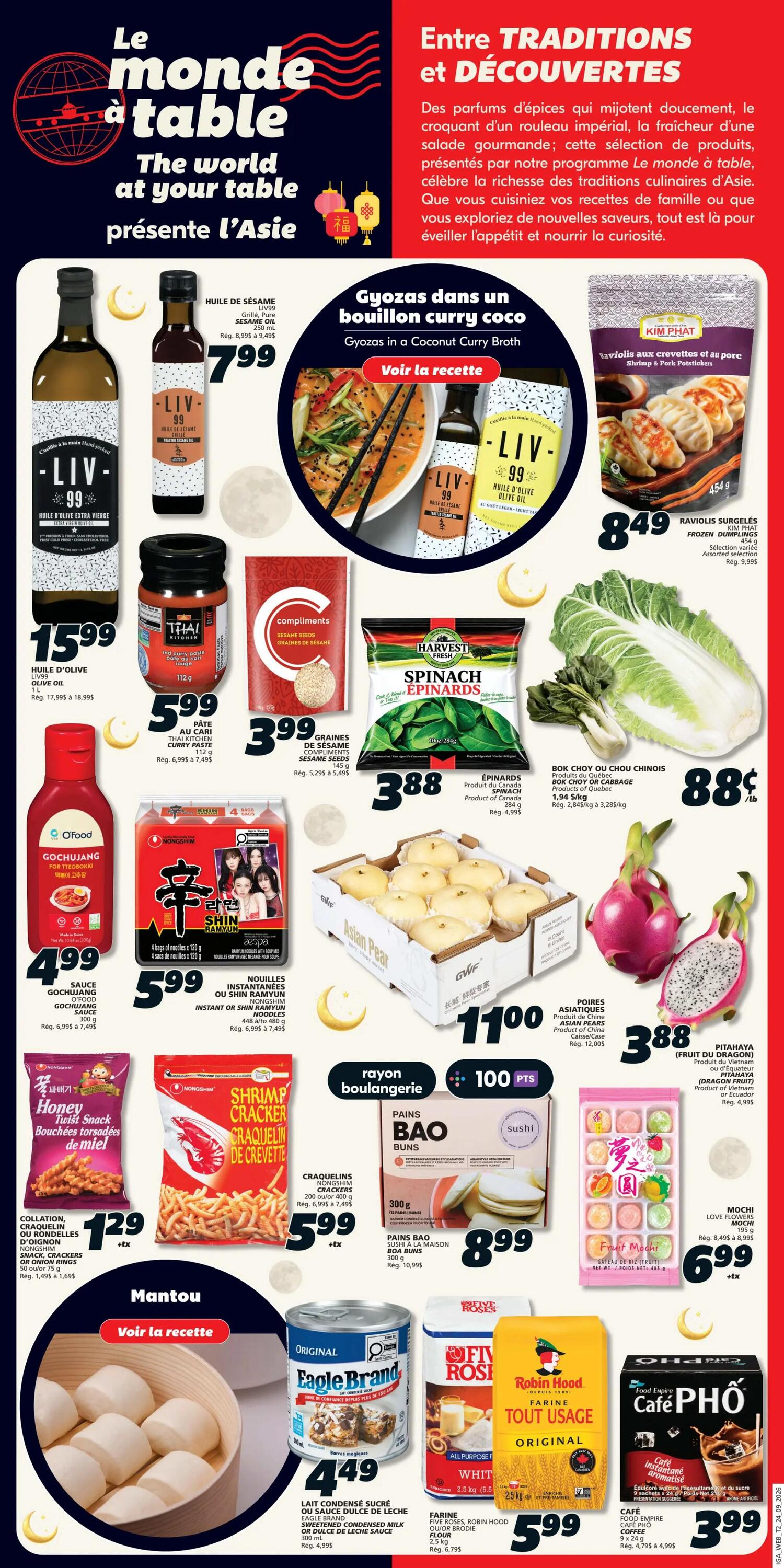 IGA Weekly Flyer Specials, Page 13. This page features 'Le monde à table - The world at your table presents Asia' with various Asian-inspired food products. Highlights include LIV99 Sesame Oil for $7.99, LIV99 Olive Oil for $15.99, and Thai Kitchen Red Curry Paste for $5.99. Compliments Sesame Seeds are $3.99, and Harvest Fresh Spinach is $3.88. Kim Phat Shrimp & Pork Potstickers are $8.49. Shin Ramyun Instant Noodles are $5.99. Nongshim Shrimp Crackers are $5.99. Asian Pear (case) is $11.00. Dragon Fruit (Pitahaya) is $3.88. Eagle Brand Sweetened Condensed Milk or Dulce de Leche Sauce is $4.49. Robin Hood All Purpose Flour (2.5 kg) is $5.99. Food Expire Instant Coffee is $3.99. Also featured are Bao Buns for $8.99 and Love Flowers Mochi for $6.99. A recipe for Gyozas in a Coconut Curry Broth is also highlighted.