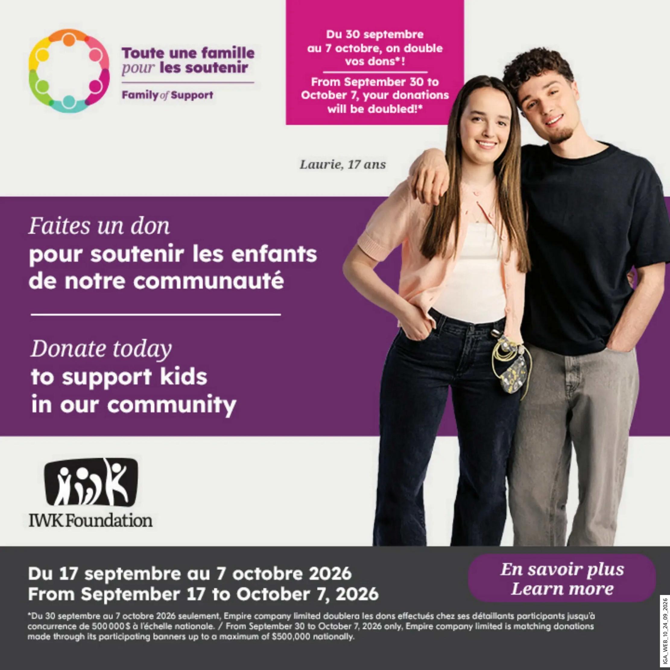 IGA flyer page 14 featuring a donation campaign for children. The campaign is called 'Family of Support' and encourages donations to support kids in the community. From September 30 to October 7, all donations will be doubled. The IWK Foundation logo is displayed. The campaign runs from September 17 to October 7, 2026. Empire Company Limited will match donations up to a maximum of $500,000 nationally during the period of September 30 to October 7, 2026. A 'Learn more' button is also visible.