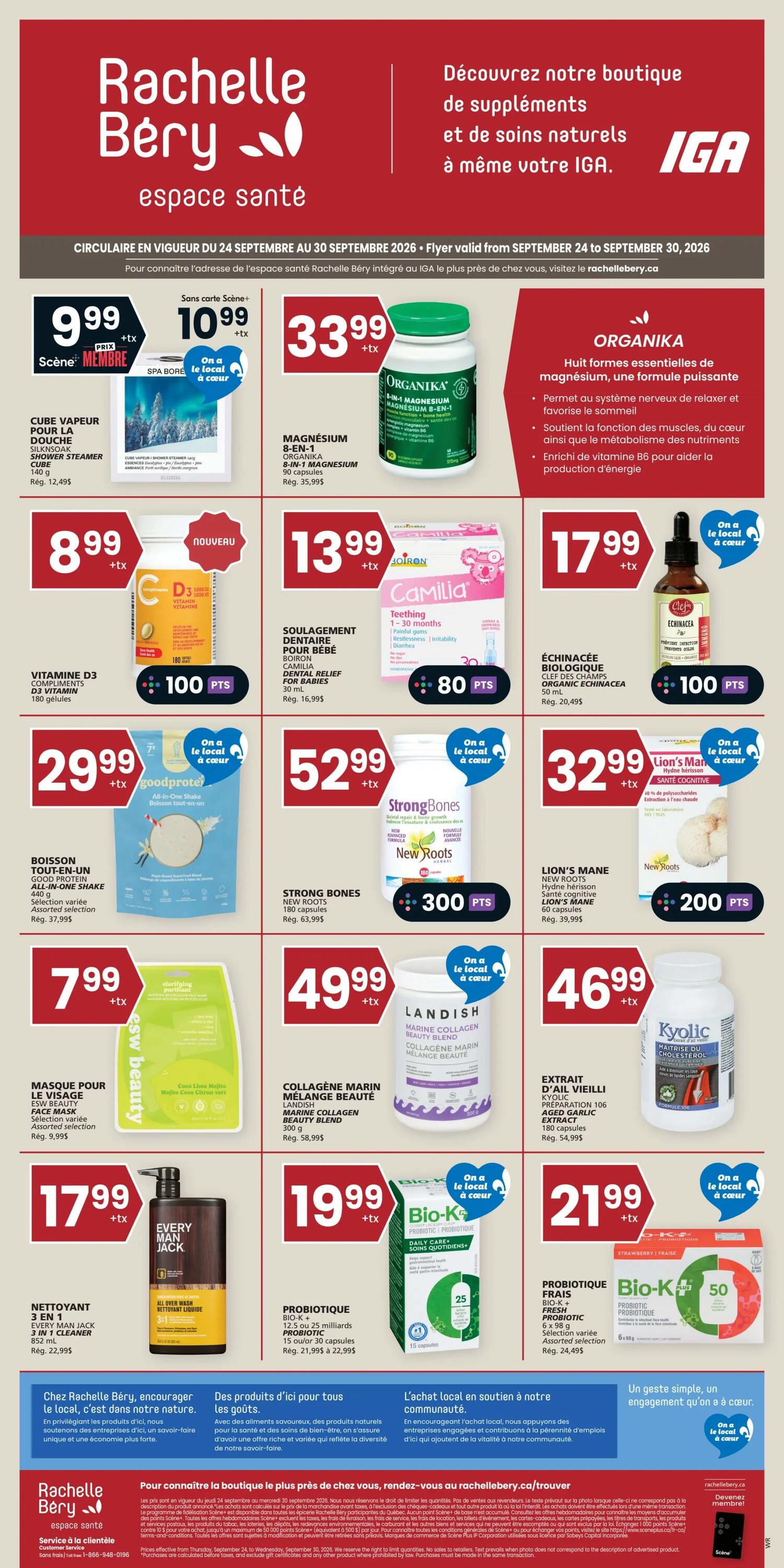 IGA weekly flyer specials for Rachelle Bery, page 15. Featured products include Cube Vapor for the shower Silkensoak Steamer Cube for $9.99, Spa Bore for $10.99, Organika 8-in-1 Magnesium for $33.99, Vitamin D3 supplements for $8.99 with 100 points, Boiron Camilia teething relief for babies for $13.99 with 80 points, and Clef des Champs Organic Echinacea for $17.99 with 100 points. Also available are Goodproter All-in-One Shake for $29.99, Strong Bones New Roots 180 capsules for $52.99 with 300 points, and Lion's Mane New Roots 60 capsules for $32.99 with 200 points. Additional offers include Esw Beauty Face Mask for $7.99, Landish Marine Collagen Beauty Blend for $49.99, Kyolic Aged Garlic Extract for $46.99, Every Man Jack 3-in-1 Cleaner for $17.99, Bio-K Fresh Probiotic 12.5 or 25 billion for $19.99, and Bio-K Fresh Probiotic 50 billion for $21.99.99.99. The flyer is valid from September 24 to September 30, 2026.