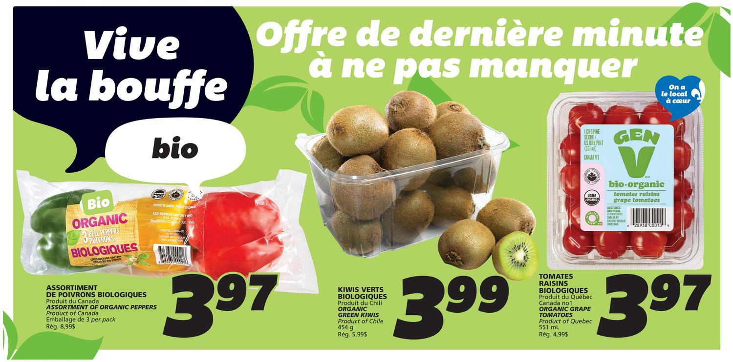 IGA Weekly Flyer Specials, Page 4. Features 'Vive la bouffe bio' (Long live organic food) specials. On the left, an Assortment of Organic Peppers (Product of Canada), 3 per pack, is on sale for $3.97. In the centre, Organic Green Kiwis from Chile, 454 g, are priced at $3.99. On the right, Organic Grape Tomatoes from Quebec, 551 ml, are available for $3.97. The flyer highlights 'Offre de dernière minute à ne pas manquer' (Last-minute offers not to be missed) and 'On a le local à cœur' (We have local at heart).