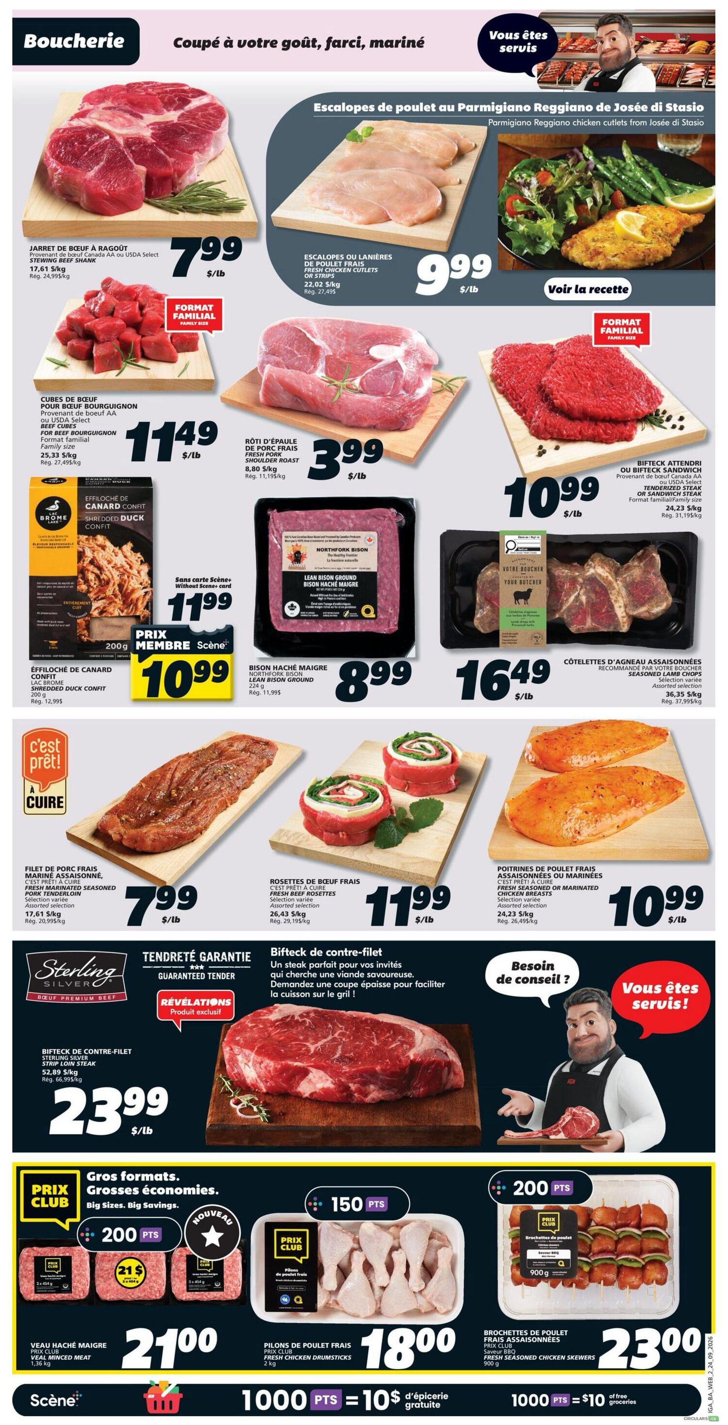 IGA weekly flyer specials page 5 features a variety of meat products. Highlights include Beef Blade Roast for $7.99/lb, Family Size Beef Cubes for $11.49/lb, and Pork Shoulder Roast for $3.99/lb. Also featured are Parmigiano Reggiano chicken cutlets for $9.99/lb, and family size chicken cutlets or strips for $9.99/lb. Other items include Shredded Duck Confit for $10.99 (member price) and Lean Bison Ground for $8.99/lb. Ready-to-cook options include Fresh Marinated Beef Rib Steak for $7.99/lb, Fresh Beef Rosettes for $11.99/lb, and Fresh Seasoned or Marinated Chicken Breasts for $10.99/lb. A Sterling Silver Strip Loin Steak is available for $23.99/lb. The flyer also promotes 'Big Sizes, Big Savings' with club prices: Veal Minced Meat 1.36 kg for $21.00, Fresh Chicken Drumsticks 2 kg for $18.00, and Fresh Seasoned Chicken Skewers 900g for $23.00. Points offers include 150 points on chicken drumsticks and 200 points on chicken skewers, with 1000 points equaling $10 in free groceries.