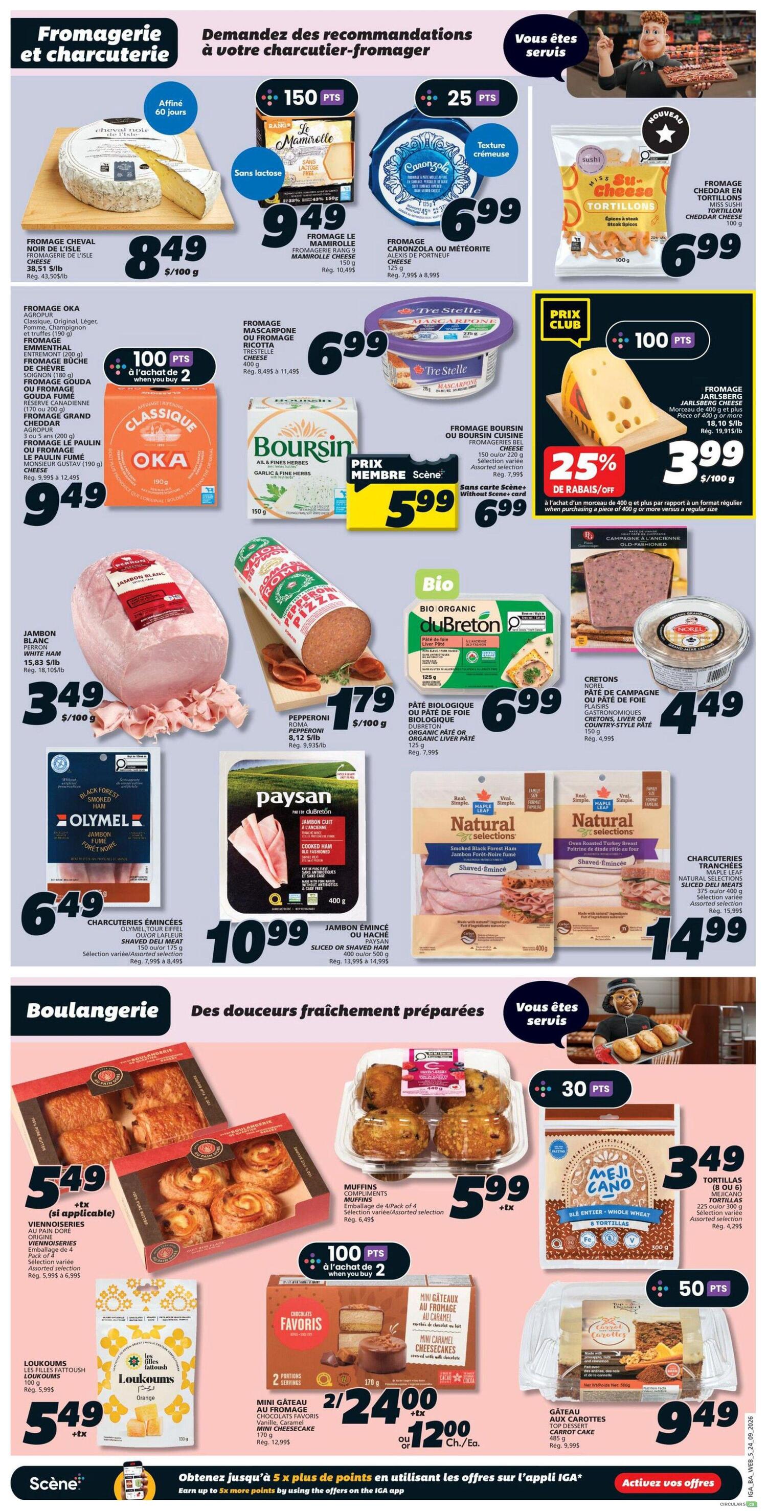 IGA weekly flyer specials page 8 features a selection of deli and bakery items. Top section showcases cheeses including Fromage Cheval Noir de l'Isle at $8.49/100g, Fromage Le Mamirelle Rang 9 at $9.49, Fromage Caronzola or Meteorite at $6.99, and Fromage Oka Classique at $9.49. Also featured are Tre Stelle Mascarpone at $6.99, Boursin Cheese at $5.99, and Jarlsberg cheese on sale for 25% off, priced at $3.99/100g. Deli meats include Jambon Blanc White Ham at $3.49/100g, Pepperoni Pizza Salami at $1.79/100g, Olymel Black Forest Ham at $6.49, and Paysan Sliced or Shaved Ham at $10.99. Bio Organic du Breton Pâté is $6.99 and Cretons Pâté de Campagne or Pâté de Foie is $4.49. The bakery section offers Viennoiseries at $5.49, Muffins at $5.99, Loukoums at $5.49, Meji Cano Whole Wheat Tortillas at $3.49, Favoris Mini Cheesecakes at 2 for $24.00 or $12.00 each, and Carrot Cake at $9.49.49. Points offers are available on select purchases.