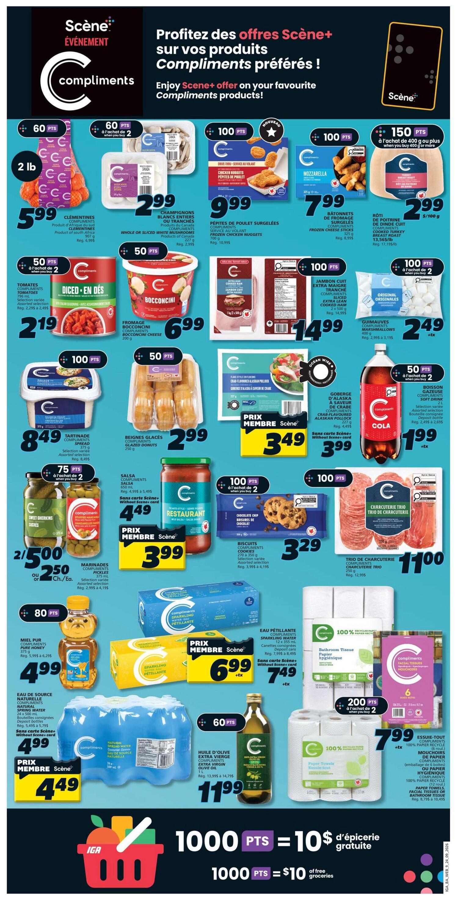 IGA weekly flyer specials page 12 featuring Compliments products. Offers include: 2 lb Clementines for $5.99, Whole or Sliced White Mushrooms for $2.99, Compliments Frozen Chicken Nuggets for $9.99, Compliments Mozzarella for $7.99, and Compliments Cooked Turkey Breast Roast for $2.99/100g. Also featured are Diced-in-Des Tomatoes for $2.19, Bocconcini Cheese for $6.99, Crab-Flavoured Alaskan Pollock for $3.49 (member price), and Compliments Marshmallows for $2.49. Other deals include Compliments Spread for $8.49, Glazed Donuts for $2.99, Salsa for $4.49 (without Scene+ card), and Chocolate Chip Cookies for $3.29. Sweet Gherkins and Marinated Pickles are 2 for $5.00 or $2.50 each. Pure Honey is $4.99. Natural Spring Water is $4.49 (member price). Sparkling Petillante is $6.99 (member price) or $7.49 without Scene+ card. Extra Virgin Olive Oil is $11.99. Bathroom Tissue and Paper Towels are on offer with Scene+ points. Get 200 Scene+ points when you buy 2 packs of Bathroom Tissue for $7.99. Facial Tissues are also available. The flyer highlights a Scene+ offer: 1000 Scene+ points equals $10 of free groceries.