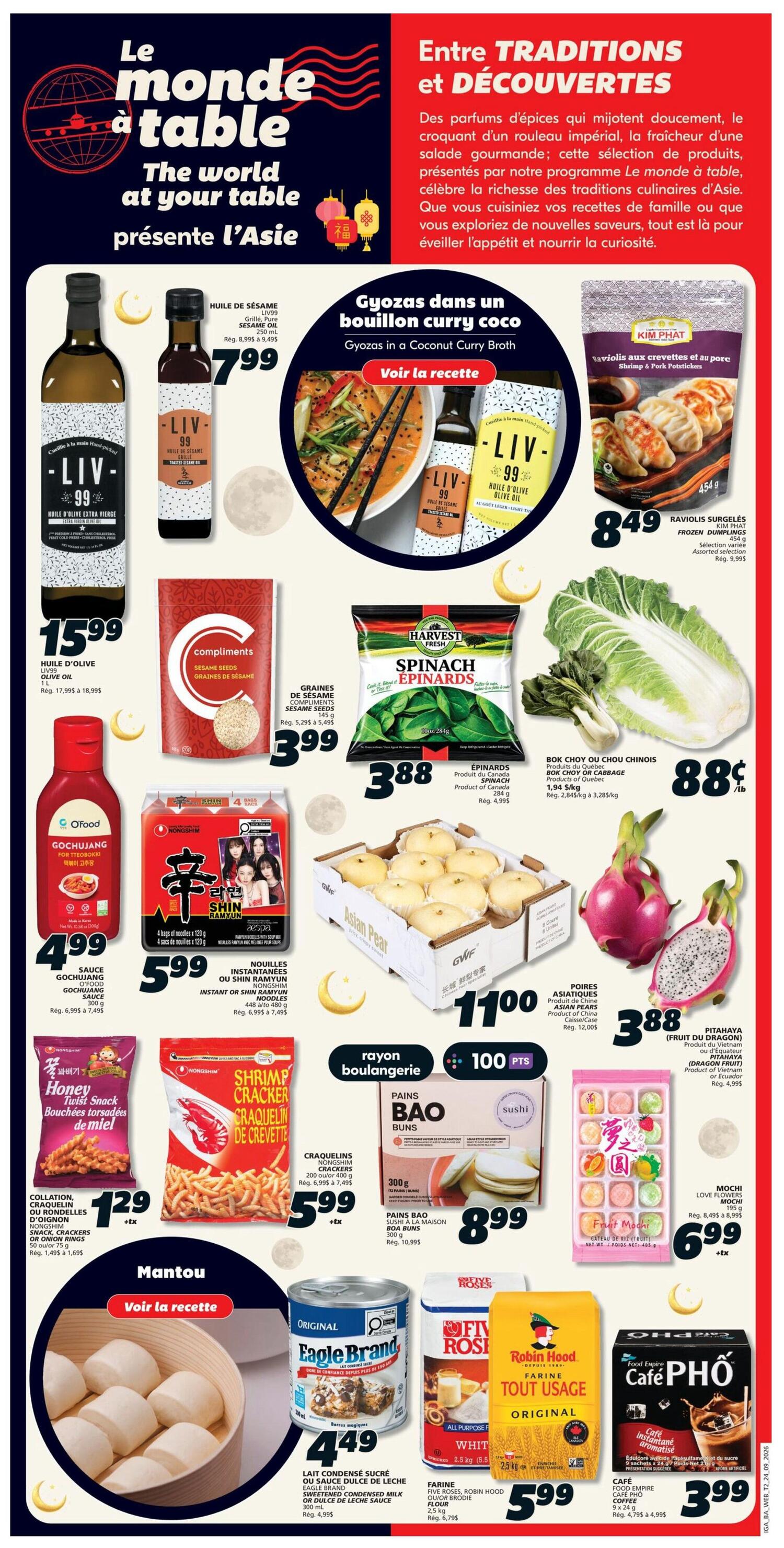 IGA weekly flyer specials page 15, featuring 'The world at your table presents Asia'. Highlights include LIV 99 Olive Oil for $15.99, Compliments Sesame Seeds for $3.99, Harvest Fresh Spinach for $3.88, and Kim Phat Frozen Dumplings for $8.49. Also featured are Gochujang Sauce for $4.99, Nongshim Instant or Shin Ramyun Noodles for $5.99, Bok Choy or Chinese Cabbage for $0.88/lb, Asian Pears for $11.00, and Dragon Fruit for $3.88. Bakery items include Bao Buns for $8.99 and Love Flowers Mochi for $6.99. Other products include Honey Twist Snacks for $1.29, Shrimp Crackers for $5.99, Eagle Brand Sweetened Condensed Milk for $4.49, Robin Hood All Purpose Flour for $5.99, and Cafe Pho Coffee for $3.99.