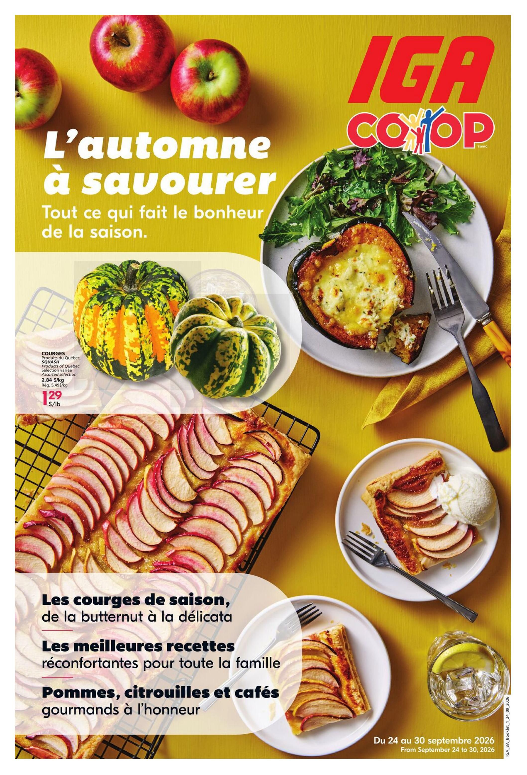 IGA flyer page featuring autumn harvest themes. The page highlights seasonal squash with a price of $1.29 per pound, and showcases delicious apple tarts and a baked acorn squash dish. Text on the page celebrates the autumn season with recipes for butternut and delicata squash, comforting family meals, and gourmet apple, pumpkin, and coffee treats. The flyer is valid from September 24 to September 30, 2026.