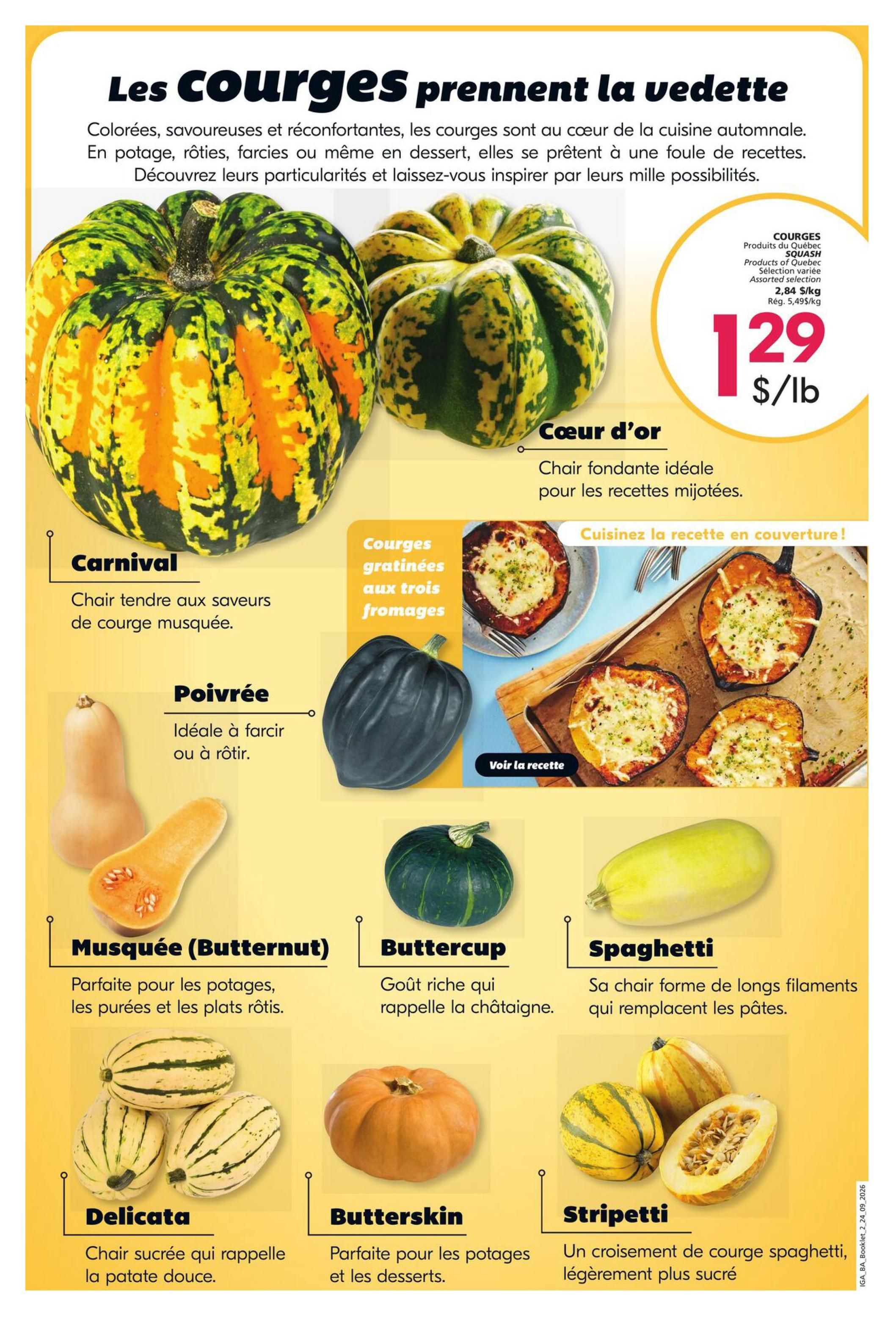 IGA weekly flyer specials page 17, featuring a variety of squash perfect for autumn cooking. Highlighted are 'Courges' (Squash) Products of Quebec, Assorted selection, priced at $1.29/lb (regular $2.84/kg). Featured varieties include Carnival squash, described as having tender flesh with a hint of butternut squash flavour. Poivrée (Pepper) squash is ideal for stuffing or roasting. Musquée (Butternut) squash is perfect for soups, purees, and roasted dishes. Buttercup squash has a rich flavour reminiscent of chestnuts. Delicata squash has sweet flesh similar to sweet potato. Butterskin squash is perfect for soups and desserts. Spaghetti squash has a flesh that forms long strands, replacing pasta. Stripetti squash is a cross between spaghetti squash, slightly sweeter. The page also includes a recipe for 'Courges gratinées aux trois fromages' (Squash gratinated with three cheeses) with a 'See the recipe' button.