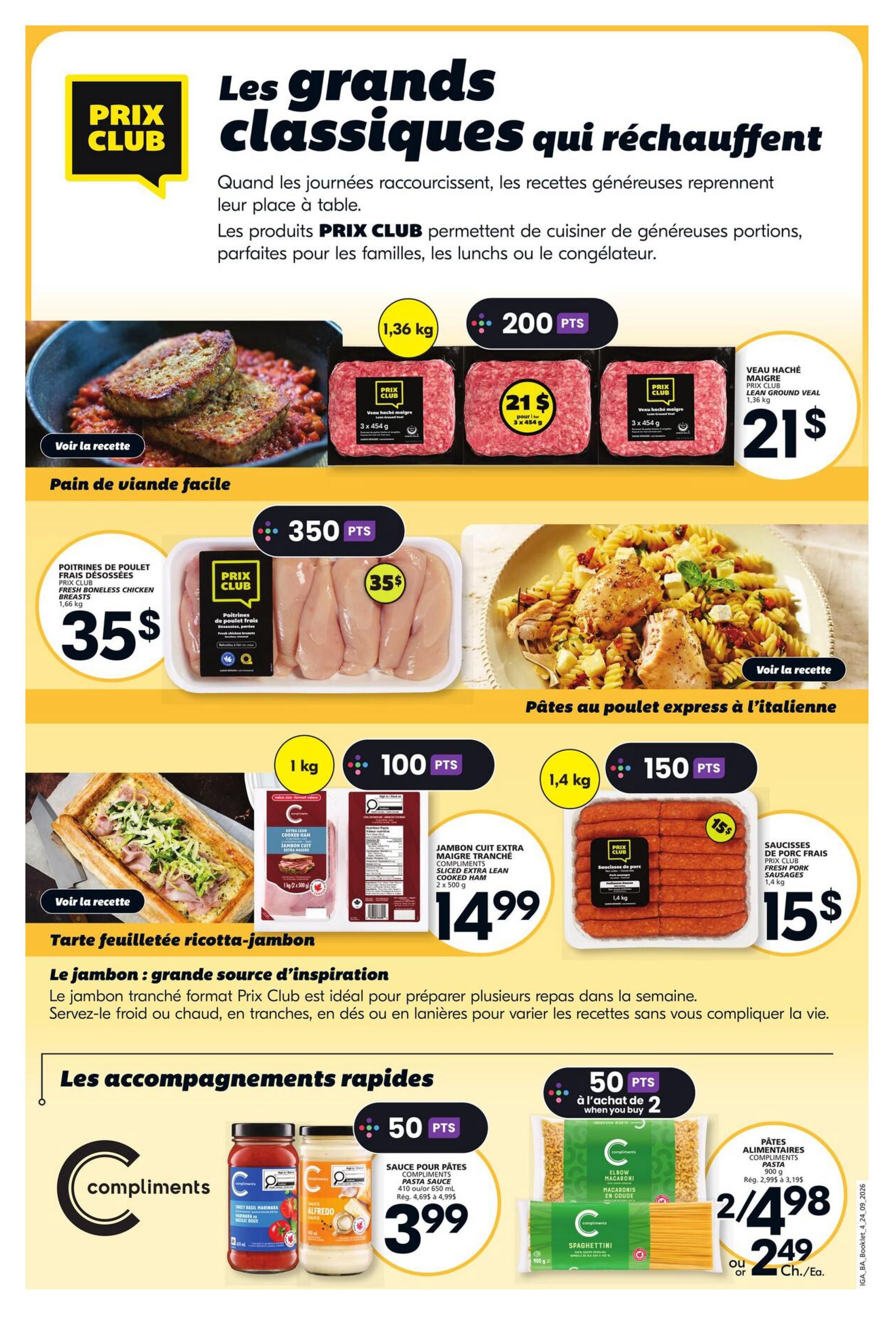 IGA flyer page featuring 'Grand Classics That Warm You Up' with PRIX CLUB products. Includes easy meatloaf recipe inspiration. Offers fresh boneless chicken breasts for $35 (350 PTS), lean ground veal for $21 (200 PTS), and sliced extra lean cooked ham for $14.99 (100 PTS). Also features fresh pork sausages for $15 (150 PTS). Side dish suggestions include Compliments pasta sauce (marinara or alfredo) for $3.99 (50 PTS) when you buy 2, and Compliments pasta (elbow macaroni or spaghettini) for 2 for $4.98 or $2.49 each (50 PTS when you buy 2).