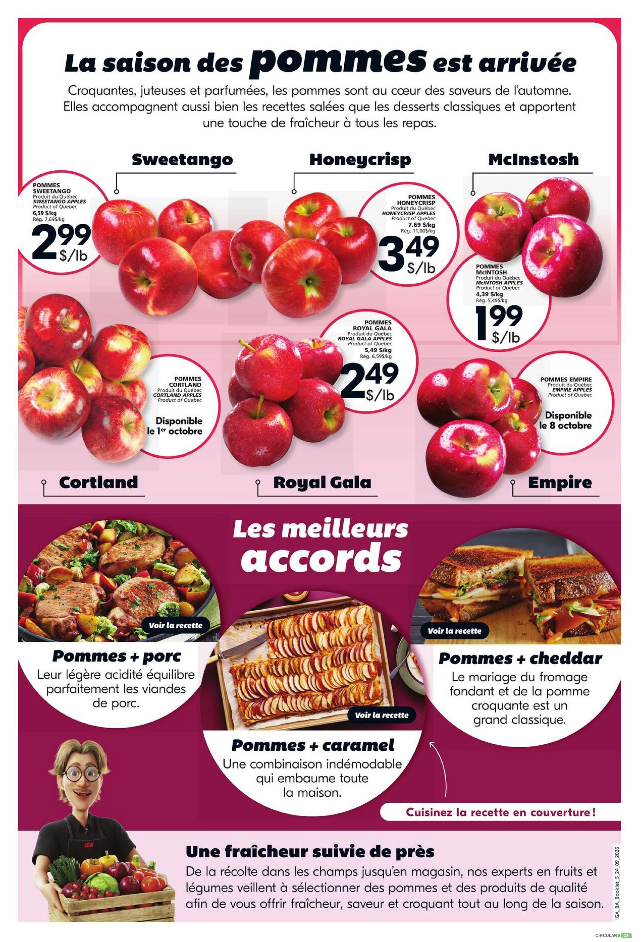 IGA Weekly Flyer Specials, Page 20 of 22. This page features a variety of apples perfect for autumn. Sweetango apples are $2.99/lb. Honeycrisp apples are $3.49/lb. McIntosh apples are $1.99/lb. Royal Gala apples are $2.49/lb. Cortland and Empire apples are also featured, with Empire apples available starting October 8th. The page also highlights 'The best pairings' with recipes for pork and apples, apple and caramel, and apple and cheddar. A section titled 'Freshness followed closely' emphasizes the store's commitment to selecting fresh, quality fruits and vegetables. A friendly produce vendor is shown holding a crate of fresh produce.