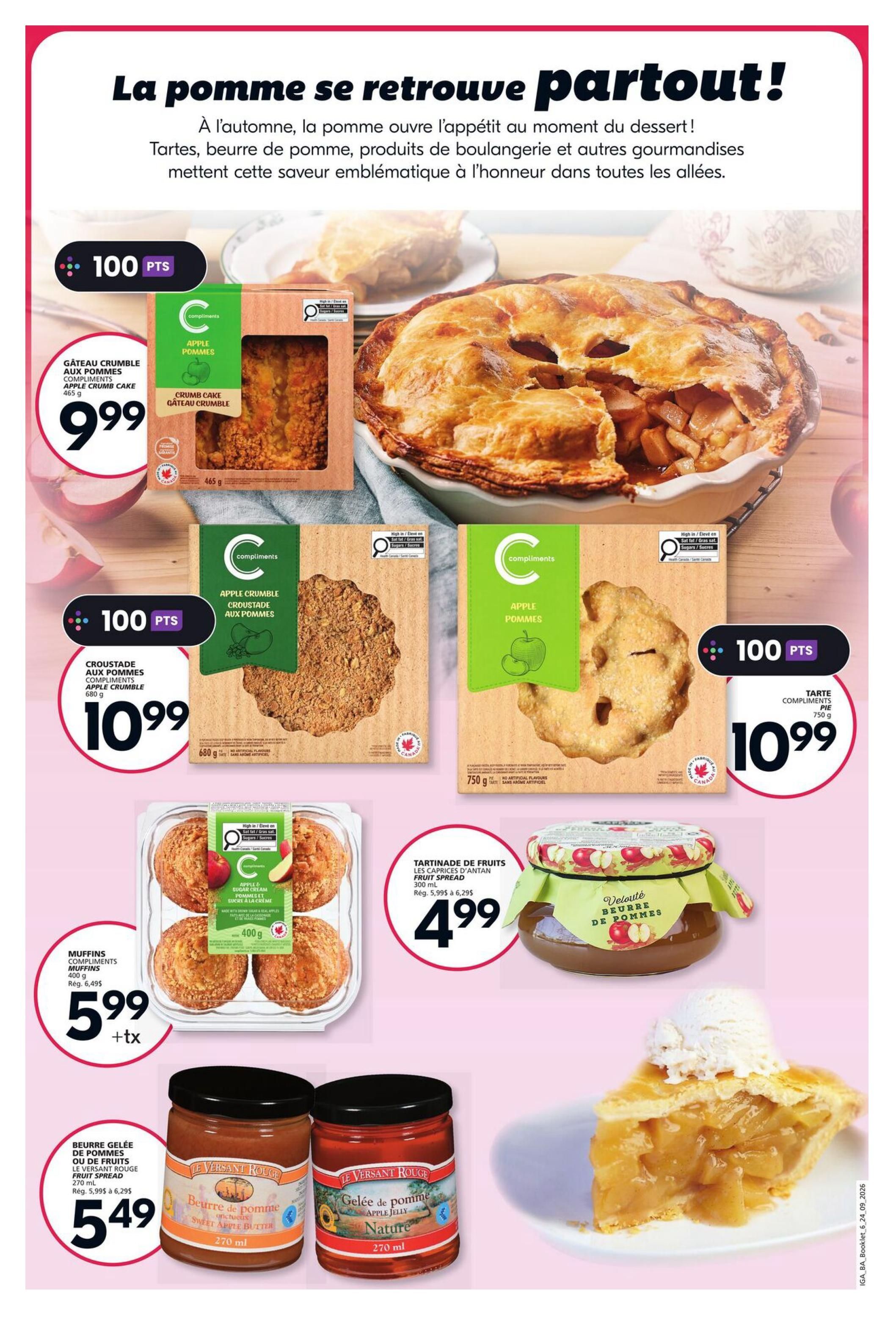 IGA Weekly Flyer Specials, Page 21. This page features apple-themed desserts and treats. Highlighted items include a Compliments Apple Crumble Cake for $9.99, a Compliments Apple Crumble for $10.99, and a Compliments Apple Pie for $10.99. Also available are Compliments Muffins for $5.99 + tax, and Le Versant Rouge Apple Jelly and Sweet Apple Butter, both for $5.49. Additionally, find Les Caprices d'Antan Fruit Spread for $4.99.