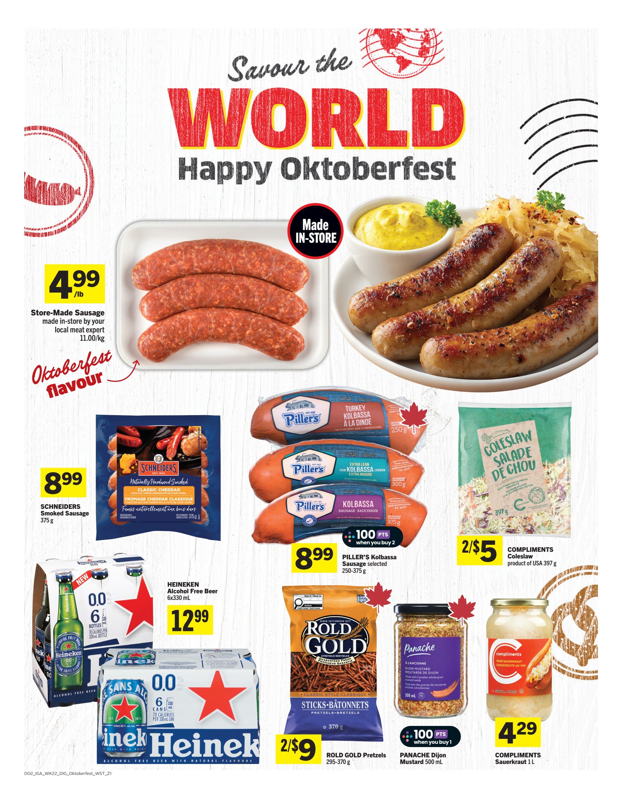 IGA Weekly Flyer Specials, Page 11, featuring Oktoberfest-themed products. Highlights include store-made sausage at $4.99/lb, Schneiders Naturally Hardwood Smoked Classic Cheddar Sausage at $8.99 for 375g, and Piller's Kolbassa sausages including Turkey Kolbassa (250g), Extra Lean Ham Kolbassa (300g), and Kolbassa Sausage (375g) with a promotion of 100 points when you buy 2, priced at $8.99. Also featured is Heineken Alcohol Free Beer 6x330 mL for $12.99, and Sans Alcohol beer for $12.99. Complementing the Oktoberfest theme are Compliments Coleslaw (397g) for 2/$5, Rold Gold Pretzels (295-370g) for 2/$9 with 100 points when you buy 1, Panache Dijon Mustard (500 mL) for $4.29, and Compliments Sauerkraut (1 L) for $4.29.