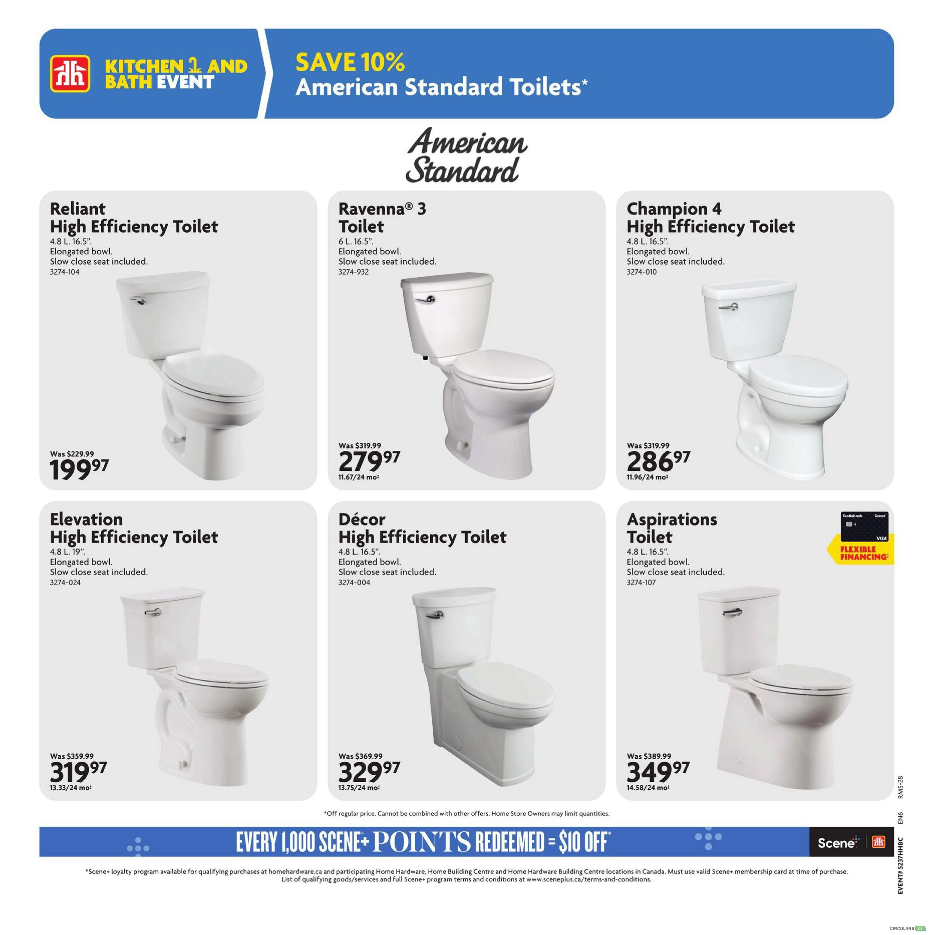 Home Hardware flyer page 20 features American Standard Toilets with a SAVE 10% offer. Featured toilets include the Reliant High Efficiency Toilet for $199.97 (was $229.99), the Ravenna 3 Toilet for $279.97 (was $319.99), the Champion 4 High Efficiency Toilet for $286.97 (was $319.99), the Elevation High Efficiency Toilet for $319.97 (was $359.99), the Décor High Efficiency Toilet for $329.97 (was $369.99), and the Aspirations Toilet for $349.97 (was $389.99). All toilets are 4.8 L with elongated bowls and include slow-close seats. Flexible financing is available for the Aspirations Toilet. Scene+ members can redeem every 1,000 Scene+ points for $10 off qualifying purchases.