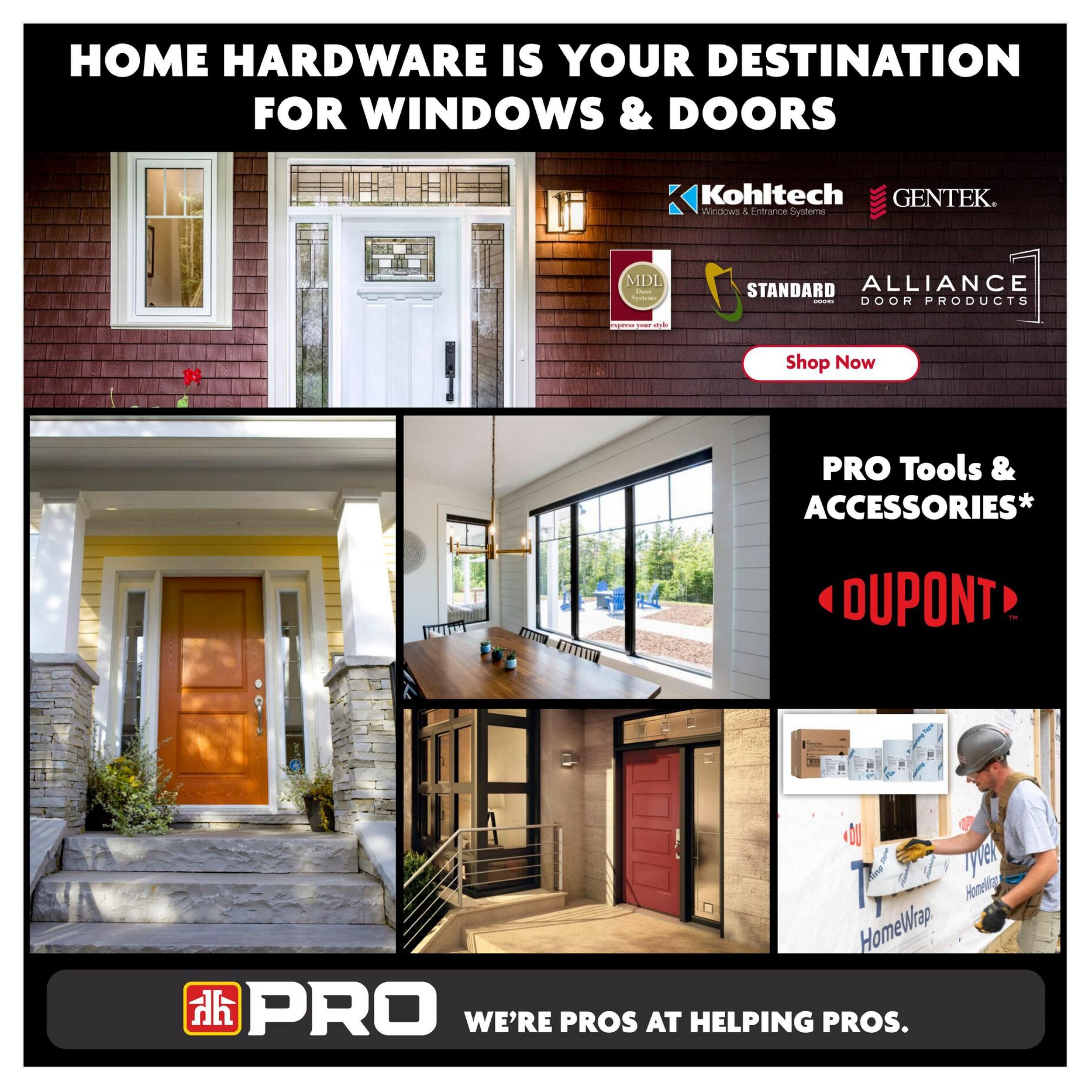 Home Hardware flyer page 24 showcasing windows and doors. Features images of various exterior and interior door styles, including a modern orange front door with stone accents, a white entry door with decorative glass, and a sleek red door. Also displays large contemporary windows in a dining room setting. The page highlights brands such as Kohltech, GENTEK, MDL Door Systems, STANDARD Doors, and ALLIANCE Door Products. Includes a section on PRO Tools & Accessories with Dupont branding, and an image of a construction worker applying HomeWrap and flashing tape. The bottom banner reads 'PRO WE'RE PROS AT HELPING PROS.'