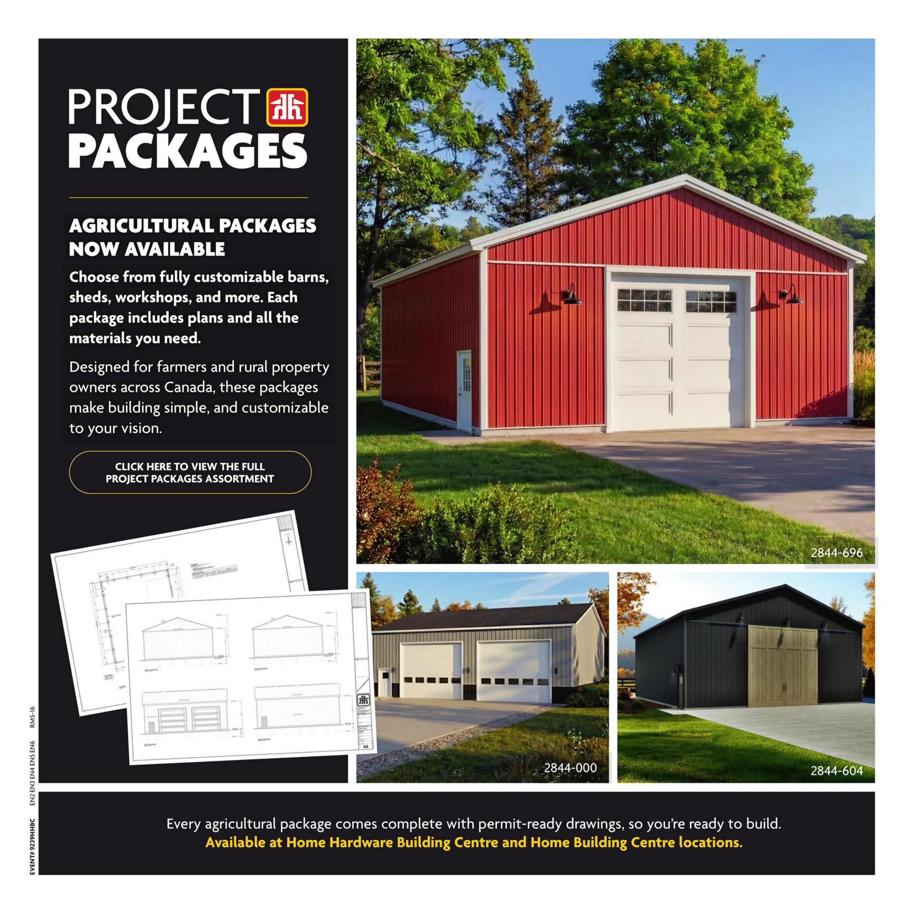 Home Hardware Project Packages page featuring Agricultural Packages. Customizable barns, sheds, and workshops are now available, including plans and all necessary materials. These packages are designed for farmers and rural property owners across Canada, simplifying the building process and allowing for customization. The page displays images of various building styles, including a red barn with white doors, a grey building with two double garage doors, and a black barn with a large wooden sliding door. A 'Click Here to View the Full Project Packages Assortment' button is visible. The bottom text states that every agricultural package comes with permit-ready drawings and is available at Home Hardware Building Centre and Home Building Centre locations.
