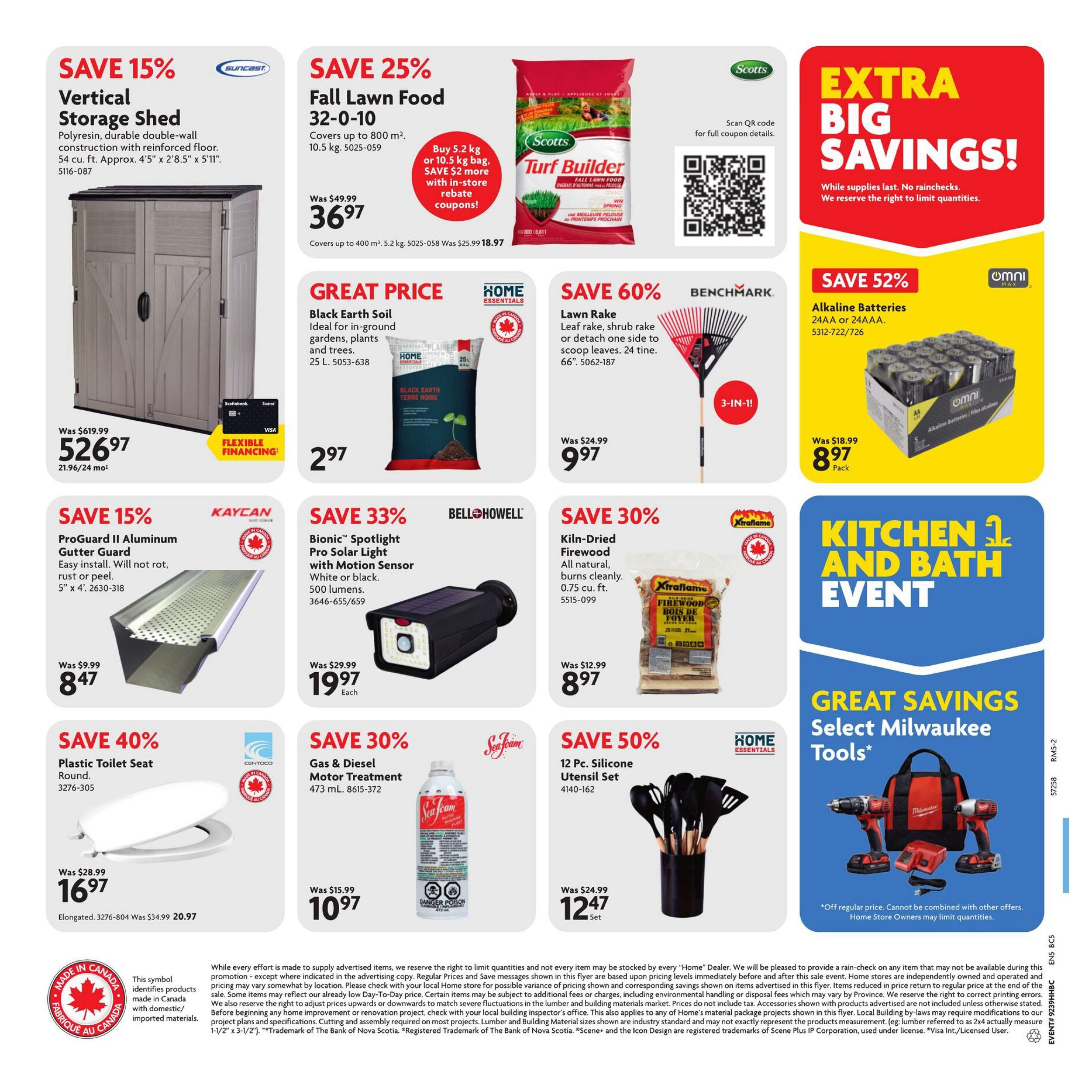 Home Hardware flyer page 2 features a Suncast Vertical Storage Shed on sale for $526.97, originally $619.99. Scotts Fall Lawn Food 32-0-10 is 25% off, priced at $36.97, covering up to 800 sq. ft. Great Price on Home Essentials Black Earth Soil for $2.97 per 25 L bag. Save 60% on a Benchmark Lawn Rake for $9.97. Omni Alkaline Batteries (24AA or 24AAA) are 52% off at $8.97 per pack. Kaycan ProGuard II Aluminum Gutter Guard is 15% off, selling for $8.47. Save 33% on Bionic Spotlight Pro Solar Light with Motion Sensor in white or black for $19.97 each. Kiln-Dried Firewood is 30% off at $8.97 for a 0.75 cu. ft. bag. Save 40% on a Centoco Plastic Toilet Seat (Round) for $16.97, with the elongated version on sale for $20.97. Sea Foam Gas & Diesel Motor Treatment is 30% off at $10.97. Home Essentials 12 Pc. Silicone Utensil Set is 50% off, priced at $12.47 per set. The page also highlights a Kitchen and Bath Event with great savings on select Milwaukee Tools. All prices are in Canadian dollars.