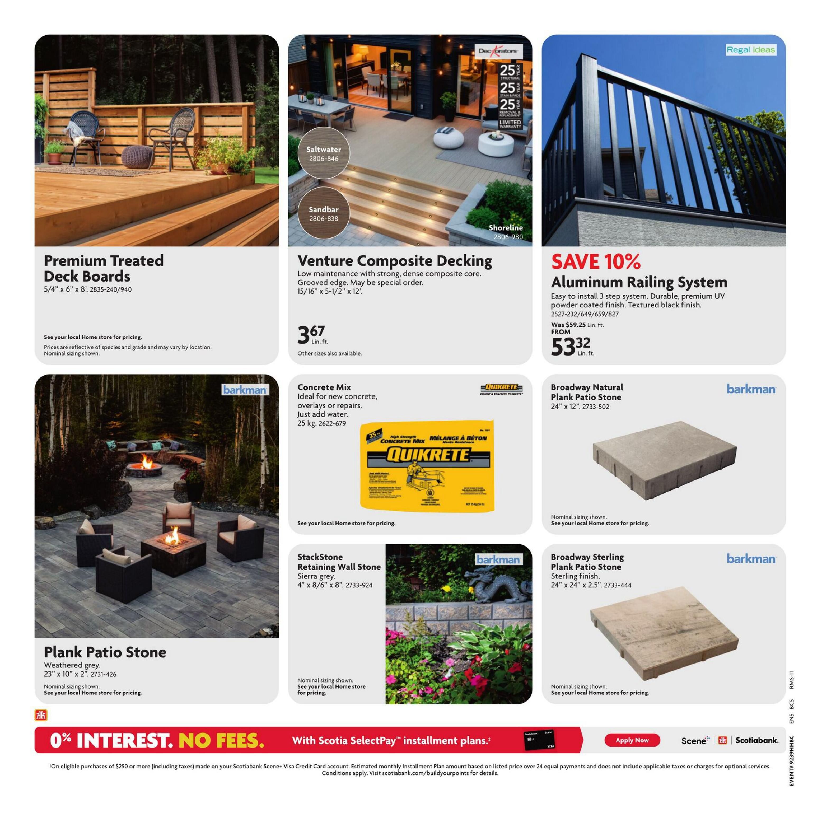 Home Hardware flyer page 22 features Premium Treated Deck Boards, Venture Composite Decking in Saltwater and Sandbar colours, and an Aluminum Railing System with a 10% discount. Also shown are Barkman Plank Patio Stone in Weathered Grey, Barkman Concrete Mix, Barkman StackStone Retaining Wall Stone in Sierra Grey, and Barkman Broadway Natural Plank Patio Stone and Broadway Sterling Plank Patio Stone. Prices are available for Venture Composite Decking at $3.67 per linear foot and the Aluminum Railing System is $53.32 per linear foot, down from $59.25. Other items state 'See your local Home store for pricing'.