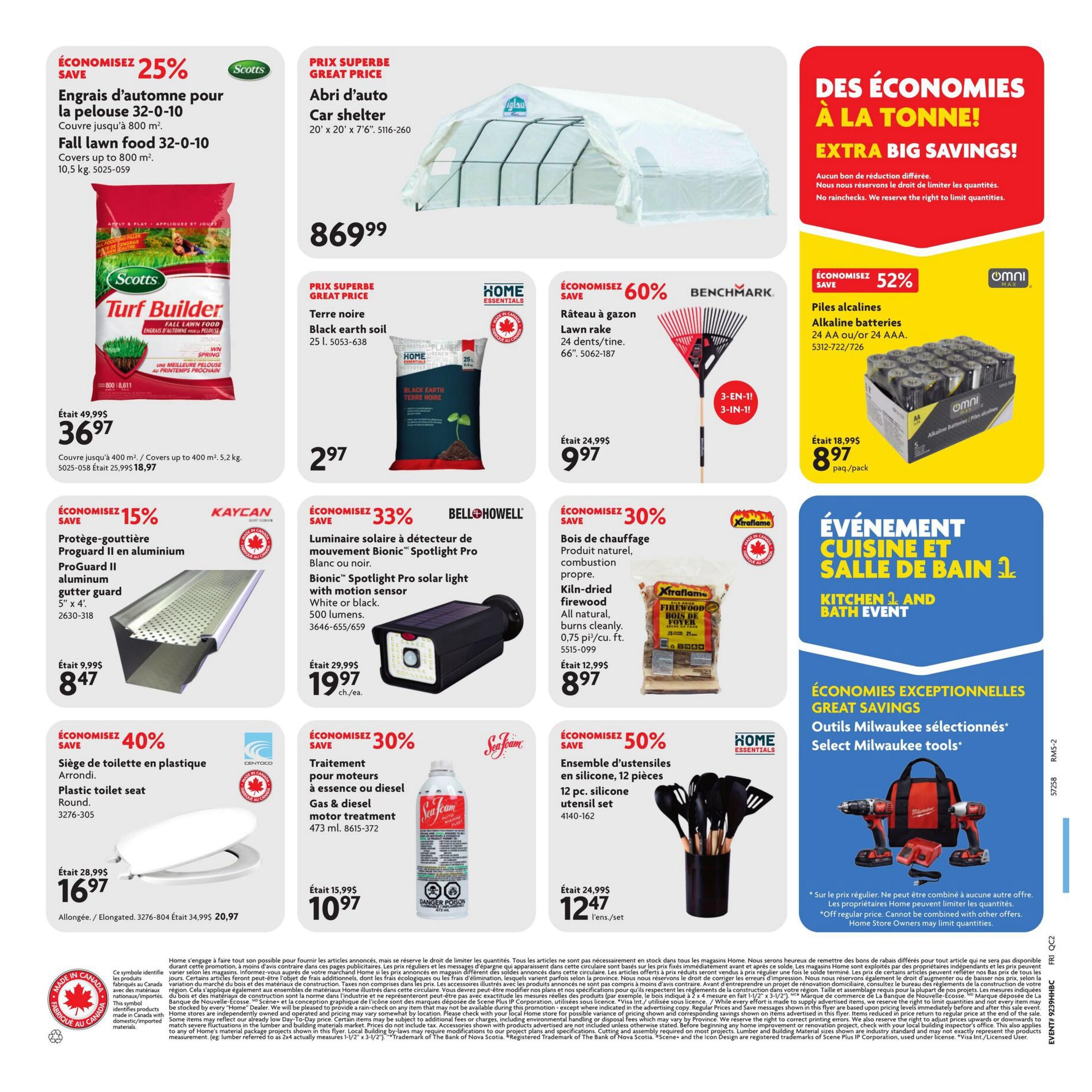 Home Hardware flyer page 2 features a 25% discount on Scotts Fall Lawn Food 32-0-10, covering up to 800 sq. m, priced at $36.97. A car shelter is available for $869.99. Black earth soil (25 L) is on sale for $2.97. Save 60% on a Benchmark lawn rake, 24 dents/tine, 66' for $9.97. Omni MAX alkaline batteries (24 AA or AAA) are 52% off, priced at $8.97 per pack. Kaycan ProGuard II aluminum gutter guard, 5' x 4', is 15% off at $8.47. Bell+Howell Bionic Spotlight Pro solar light with motion sensor is 33% off, selling for $19.97 each. Kiln-dried firewood, 0.75 cu. ft., is 30% off at $8.97. Save 40% on a Centoco plastic toilet seat (round) for $16.97. Sea Foam motor treatment (473 mL) is 30% off at $10.97. A 12 pc. utensil set is 50% off for $12.47 per set. The page also highlights a Kitchen and Bath Event with great savings on select Milwaukee tools.