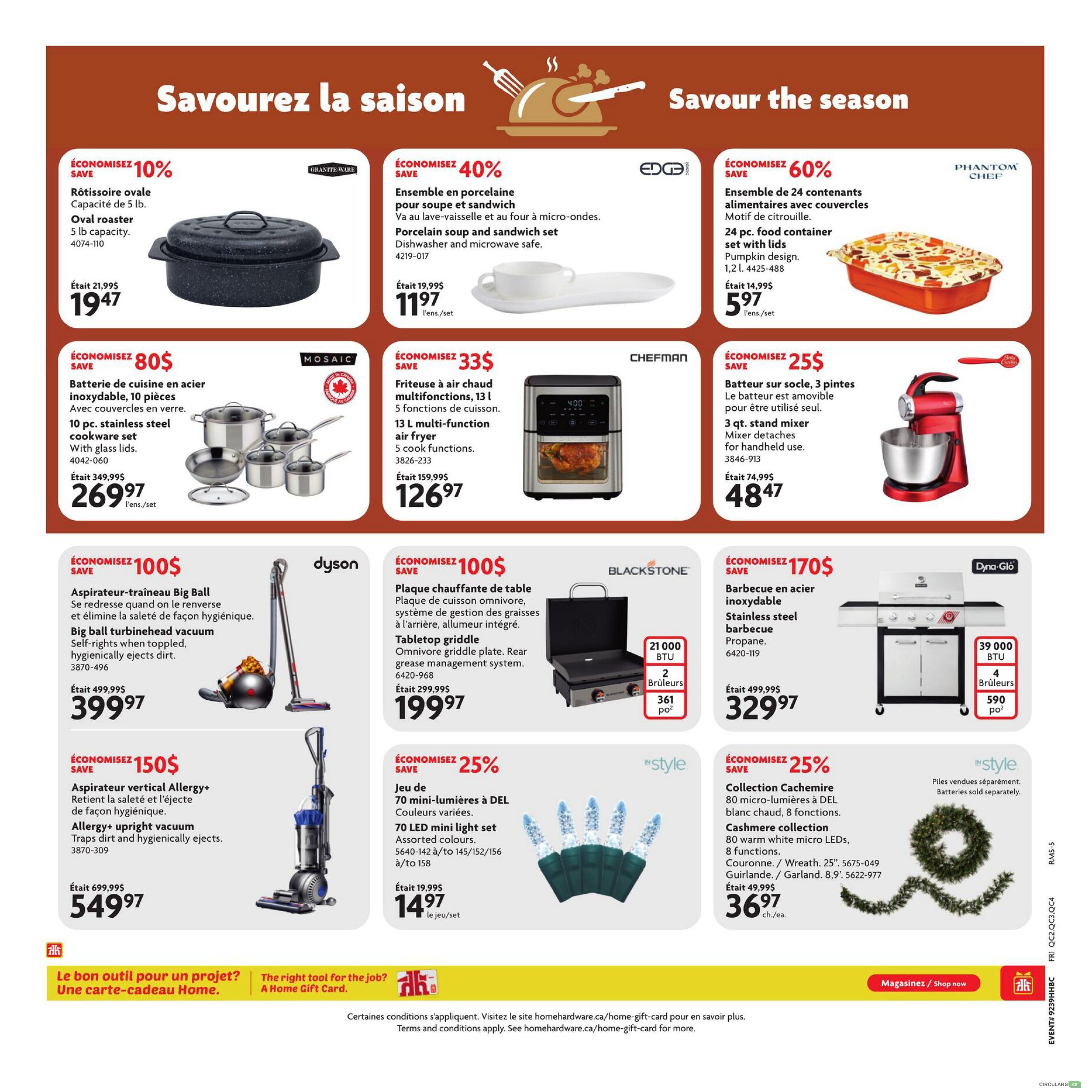Home Hardware flyer page 5 features seasonal savings. Top row includes a Granite Ware oval roaster, 5 lb capacity, for $19.47 (save 10%), an Edge porcelain soup and sandwich set for $11.97 (save 40%), and a Phantom Chef 24-piece food container set with lids in a pumpkin design for $5.97 (save 60%). The second row showcases a Mosaic 10-piece stainless steel cookware set with glass lids for $269.97 (save $80), a Chefman 13 L multi-function air fryer with 5 cook functions for $126.97 (save $33), and a 3-pint red stand mixer with detachable hand mixer function for $48.47 (save $25). The third row highlights a Dyson Big Ball turbinehead vacuum for $399.97 (save $100), a Blackstone tabletop griddle with omnivore griddle plate and rear grease management system for $199.97 (save $100), and a Dyna-Glo stainless steel propane barbecue with 39,000 BTU, 4 burners, and 590 sq. in. cooking area for $329.97 (save $170). The bottom row features a 70-LED mini light set in assorted colours for $14.97 (save 25%) and an InStyle 80 warm white micro LED cashmere collection wreath/garland, 25' diameter, for $36.97 (save 25%). The page also promotes Home Gift Cards as the right tool for the job.