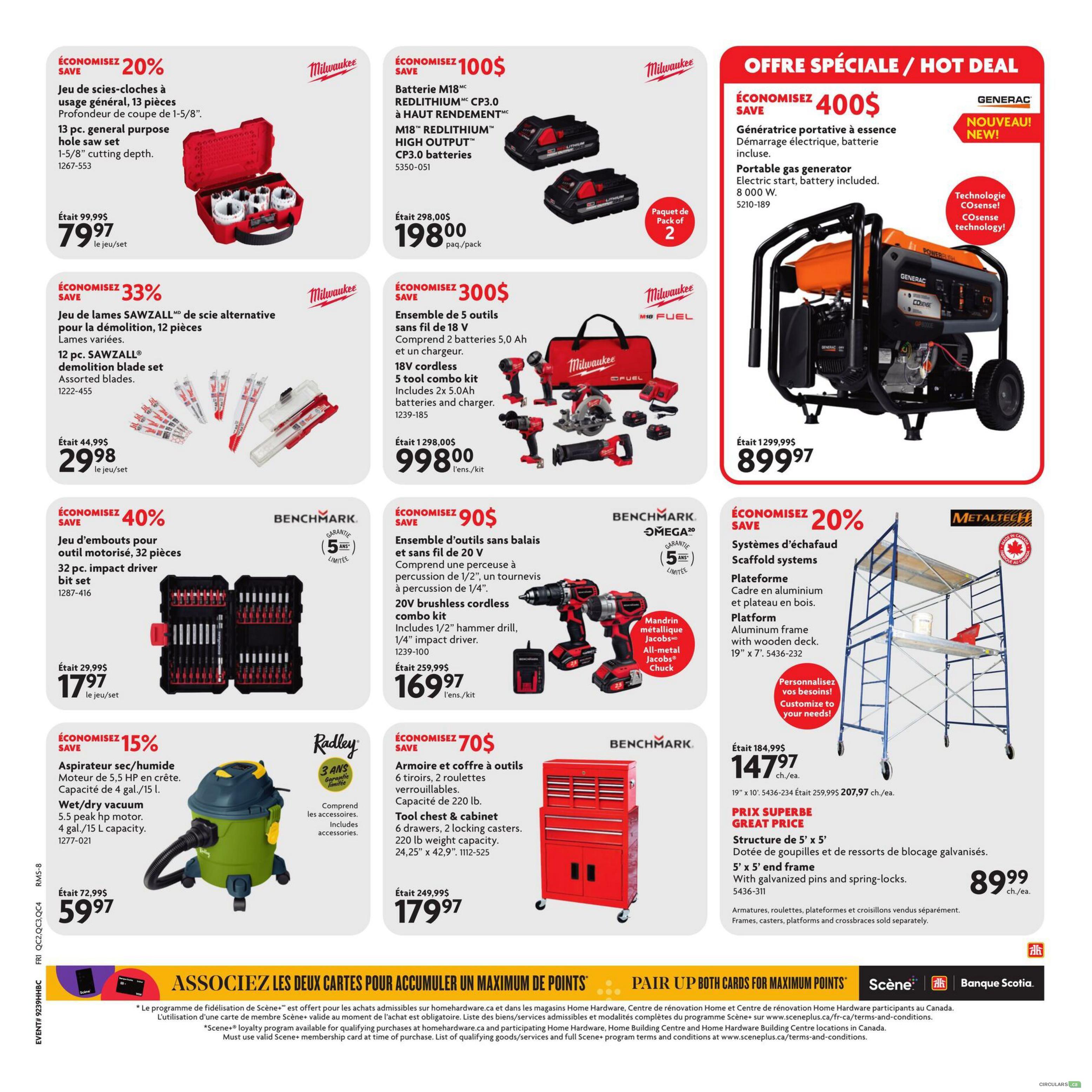 Home Hardware flyer page 10 features a hot deal on a Generac portable gas generator with electric start and battery included for $899.97. Other featured items include a Milwaukee 13 pc. general purpose hole saw set for $99.97, Milwaukee M18 REDLITHIUM HIGH OUTPUT CP3.0 batteries (2 pack) for $198.00, and a Milwaukee 12 pc. SAWZALL demolition blade set for $29.98. Also available is a Milwaukee 18V cordless 5 tool combo kit for $998.00. Benchmark offers a 32 pc. impact driver bit set for $17.97 and a 20V brushless cordless combo kit with a 1/2' hammer drill and 1/4' impact driver for $169.97. A Radley wet/dry vacuum with 5.5 peak hp motor and 4 gal. capacity is on sale for $59.97. Benchmark also has a 6-drawer tool chest & cabinet for $179.97. Metaltech scaffold systems are 20% off, with a 19' x 7' platform priced at $147.97, and a 5' x 5' end frame for $89.99. The bottom of the page promotes pairing Scene+ and Scotiabank cards for maximum points.