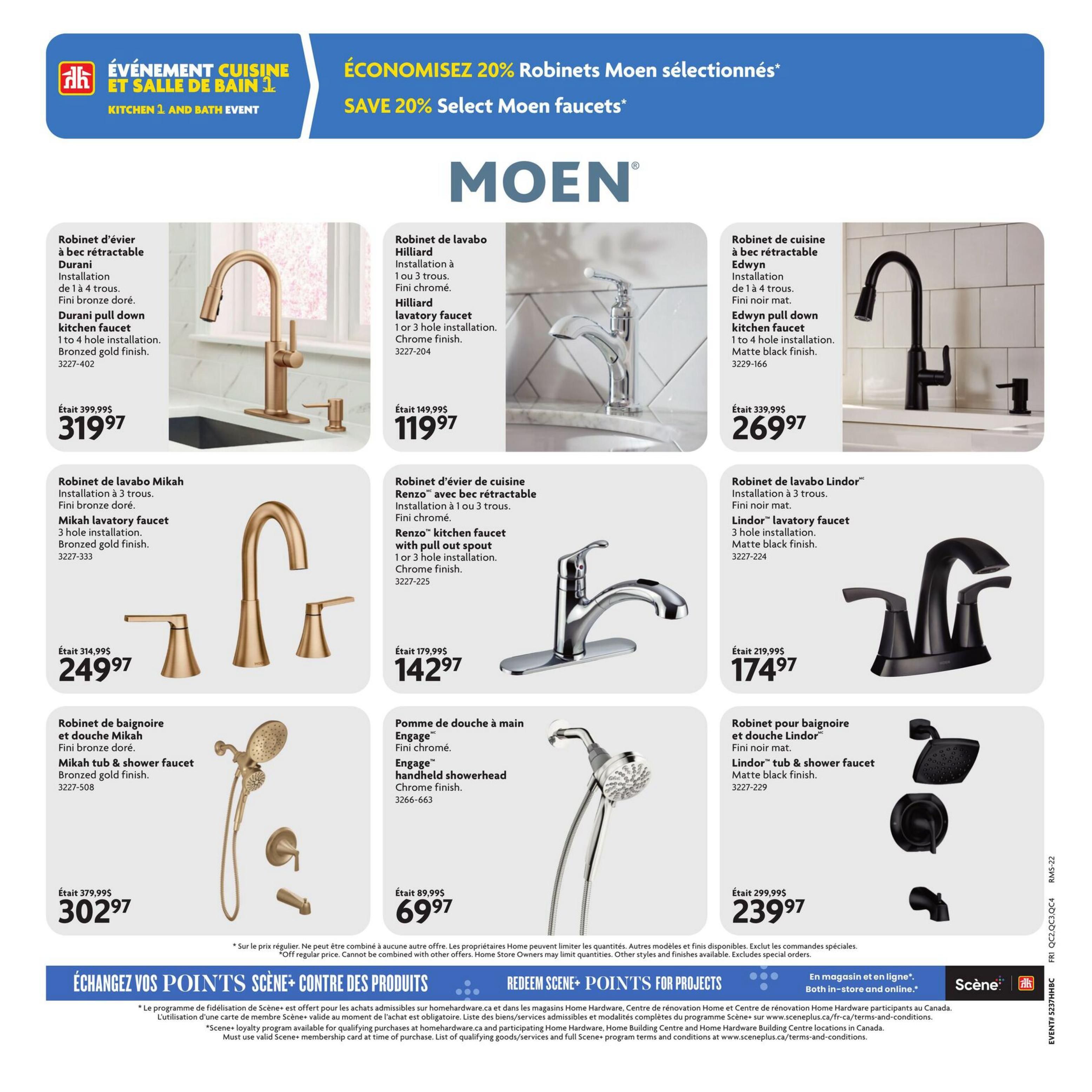 Home Hardware flyer, page 11, featuring a Kitchen and Bath Event with 20% off select Moen faucets. Products include the Moen Durani pull-down kitchen faucet in bronzed gold finish, originally $399.99, now $319.97. The Moen Hilliard lavatory faucet in chrome finish is $119.97, down from $149.99. The Moen Edwyn pull-down kitchen faucet in matte black finish is $269.97, reduced from $339.99. Also featured is the Moen Mikah lavatory faucet in bronzed gold finish for $249.97, a reduction from $314.99. The Moen Renzo kitchen faucet with pull-out spout in chrome finish is $142.97, down from $179.99. The Moen Lindor lavatory faucet in matte black finish is $174.97, reduced from $219.99. The Moen Mikah tub & shower faucet in bronzed gold finish is $302.97, down from $379.99. The Moen Engage handheld showerhead in chrome finish is $69.97, down from $89.99. Finally, the Moen Lindor tub & shower faucet in matte black finish is $239.97, reduced from $299.99. The page also highlights redeeming Scene+ points for products, available both in-store and online.