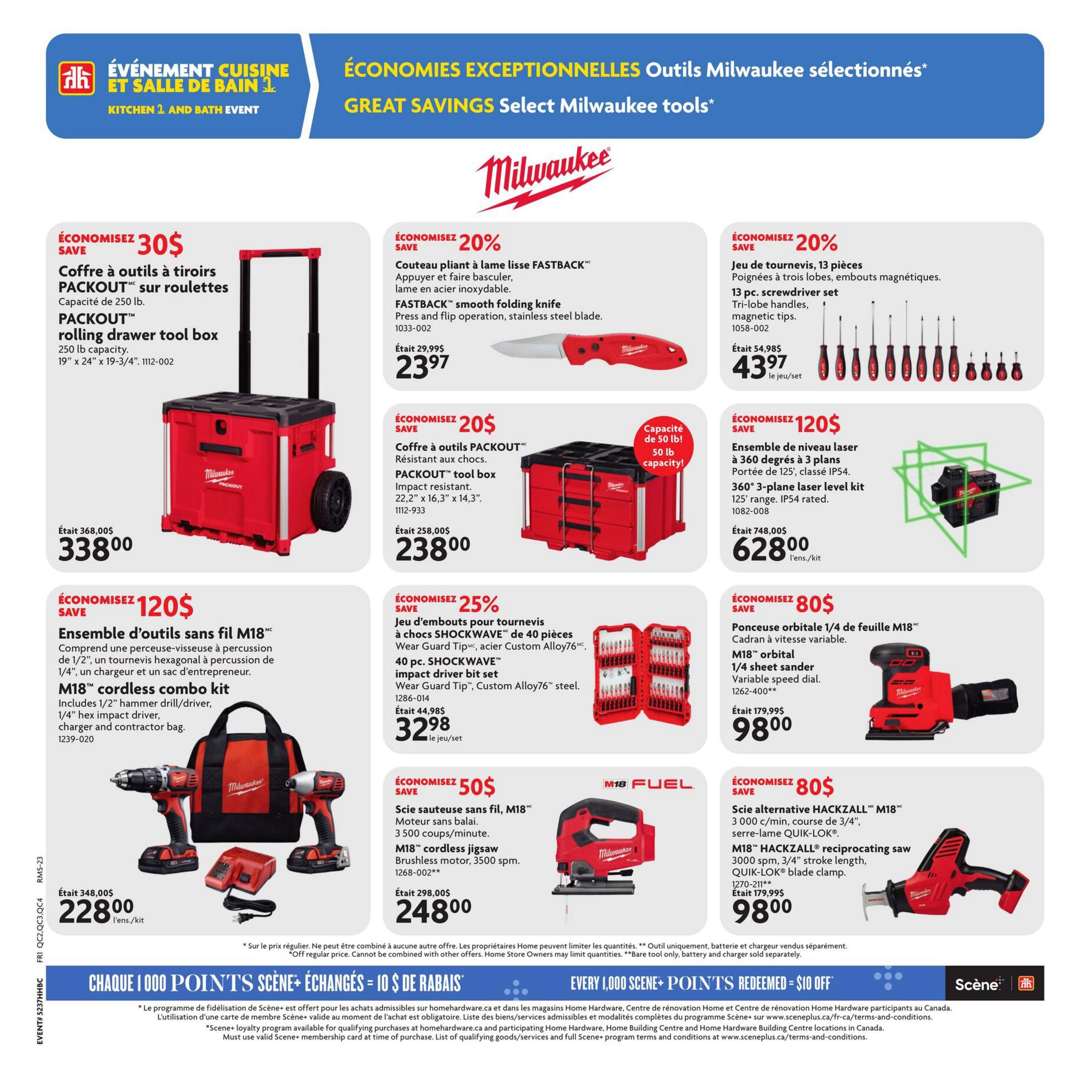 Home Hardware flyer page 12 featuring Milwaukee tools. Save $30 on a PACKOUT rolling drawer tool box, 19' x 24' x 19-3/4', capacity 250 lb, now $338.00. Save $20 on a FASTBACK smooth folding knife with stainless steel blade, now $23.97. Save $20 on a 13 pc. screwdriver set with tri-lobe handles and magnetic tips, now $43.97. Save $120 on a M18 cordless combo kit including a 1/2' hammer drill/driver, 1/4' hex impact driver, charger, and contractor bag, now $228.00. Save $20 on a PACKOUT impact resistant tool box, 22.2' x 16.3' x 14.3', 50 lb capacity, now $238.00. Save 25% on a 40 pc. SHOCKWAVE impact driver bit set with Wear Guard Tip and Custom Alloy76 steel, now $32.98. Save $120 on a 360° 3-plane laser level kit with 125' range, IP54 rated, now $628.00. Save $80 on an M18 orbital 1/4 sheet sander with variable speed dial, now $98.00. Save $50 on an M18 cordless jigsaw with brushless motor, 3500 spm, now $248.00. Save $80 on an M18 HACKZALL reciprocating saw with 3000 spm, 3/4' stroke length, and QUİK-LOK blade clamp, now $98.00. Also features a promotion: Every 1,000 Scene+ points redeemed equals $10 off.