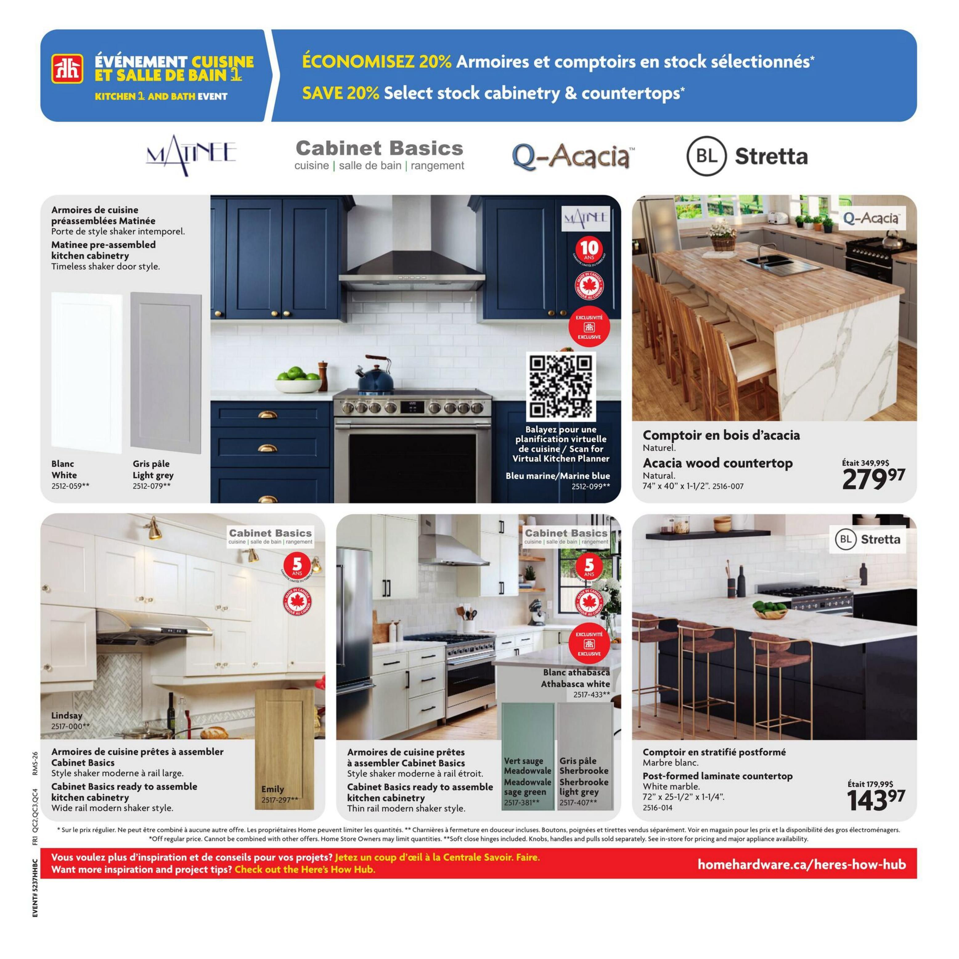 Home Hardware Kitchen and Bath Event featuring Save 20% on select stock cabinetry and countertops. The page showcases various Cabinet Basics options. Featured are Matinee pre-assembled kitchen cabinetry in timeless shaker door style, available in white and light grey. Also shown are Cabinet Basics ready-to-assemble kitchen cabinetry in wide rail modern shaker style (Lindsay) and thin rail modern shaker style (Emily). Countertops include an Acacia wood countertop, natural finish, measuring 74' x 40' x 1-1/2', on sale for $279.97 (was $349.99). Another countertop featured is a post-formed laminate in white marble, measuring 72' x 25-1/2' x 1-1/4', on sale for $143.97 (was $179.99). The page also highlights a virtual kitchen planner. Additional Cabinet Basics ready-to-assemble options are shown in Athabasca white, available in sage green (Meadowvale) and light grey (Sherbrooke).