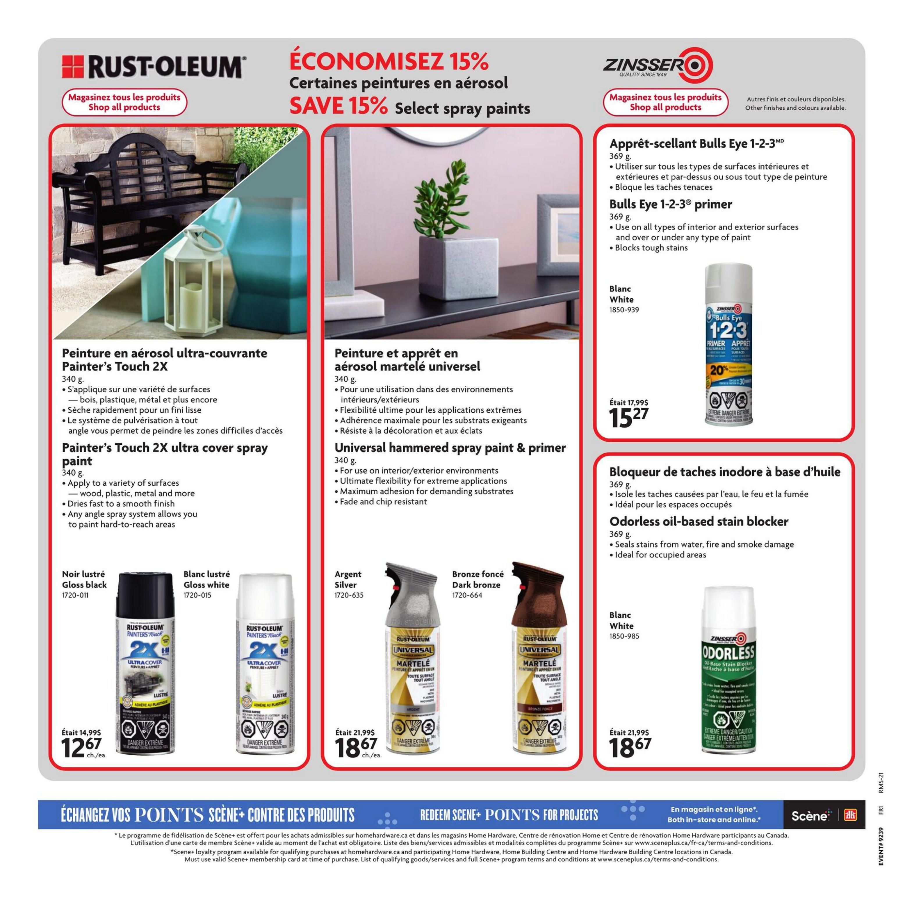 Home Hardware flyer page featuring a 15% discount on select spray paints. Products include Rust-Oleum Painter's Touch 2X ultra cover spray paint in gloss black for $12.67 and gloss white for $12.67. Also available are Rust-Oleum Universal hammered spray paint and primer in silver and dark bronze for $18.67 each. Zinsser Bulls Eye 1-2-3 primer in white is on sale for $15.27, originally $17.99. Zinsser Odorless oil-based stain blocker in white is also featured for $18.67. The page highlights 'Shop all products' for both Rust-Oleum and Zinsser brands. A section at the bottom promotes redeeming Scene+ points for projects, available both in-store and online.