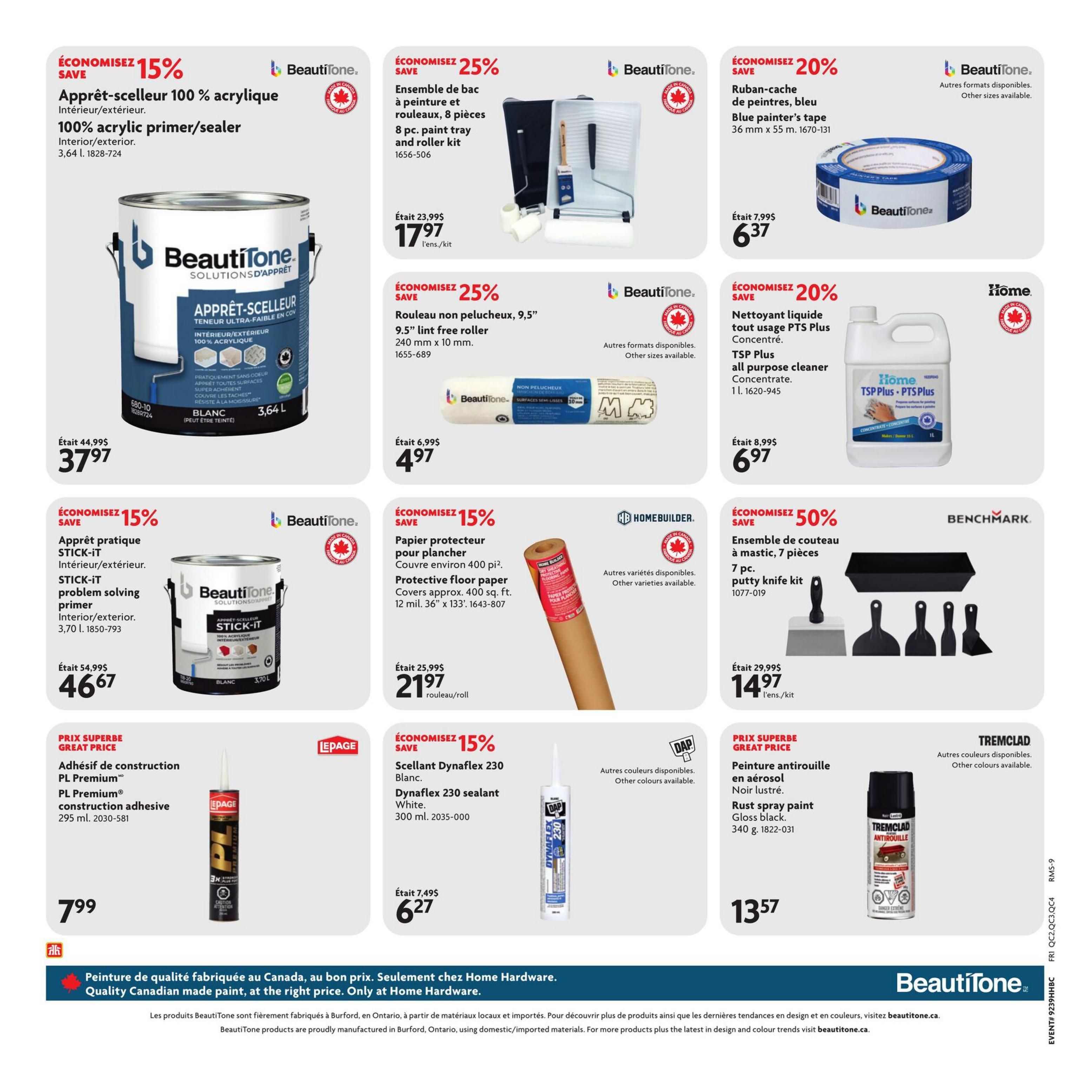 Page 17 of the Home Hardware flyer features various home improvement products. Save 15% on BeautiTone 100% acrylic interior/exterior primer and sealer, 3.64 L, for $37.97. Also save 25% on an 8-piece paint tray and roller kit for $17.97. Get 25% off a 9.5' lint-free roller for $4.97. Save 20% on BeautiTone blue painter's tape, 36 mm x 55 m, for $6.37. Home brand TSP Plus all-purpose cleaner concentrate, 1 L, is 20% off, priced at $6.97. Save 15% on BeautiTone interior/exterior STICK-IT problem-solving primer, 3.70 L, for $46.67. Home Builder protective floor paper, covering approx. 400 sq. ft., is 15% off at $21.97 per roll. Benchmark 7-piece putty knife kit is 50% off, selling for $14.97. Lepage PL Premium construction adhesive, 295 ml, is a great price at $7.99. Save 15% on Dynaflex 230 sealant in white, 300 ml, for $6.27. Tremclad rust spray paint in gloss black, 340 g, is $13.57.
