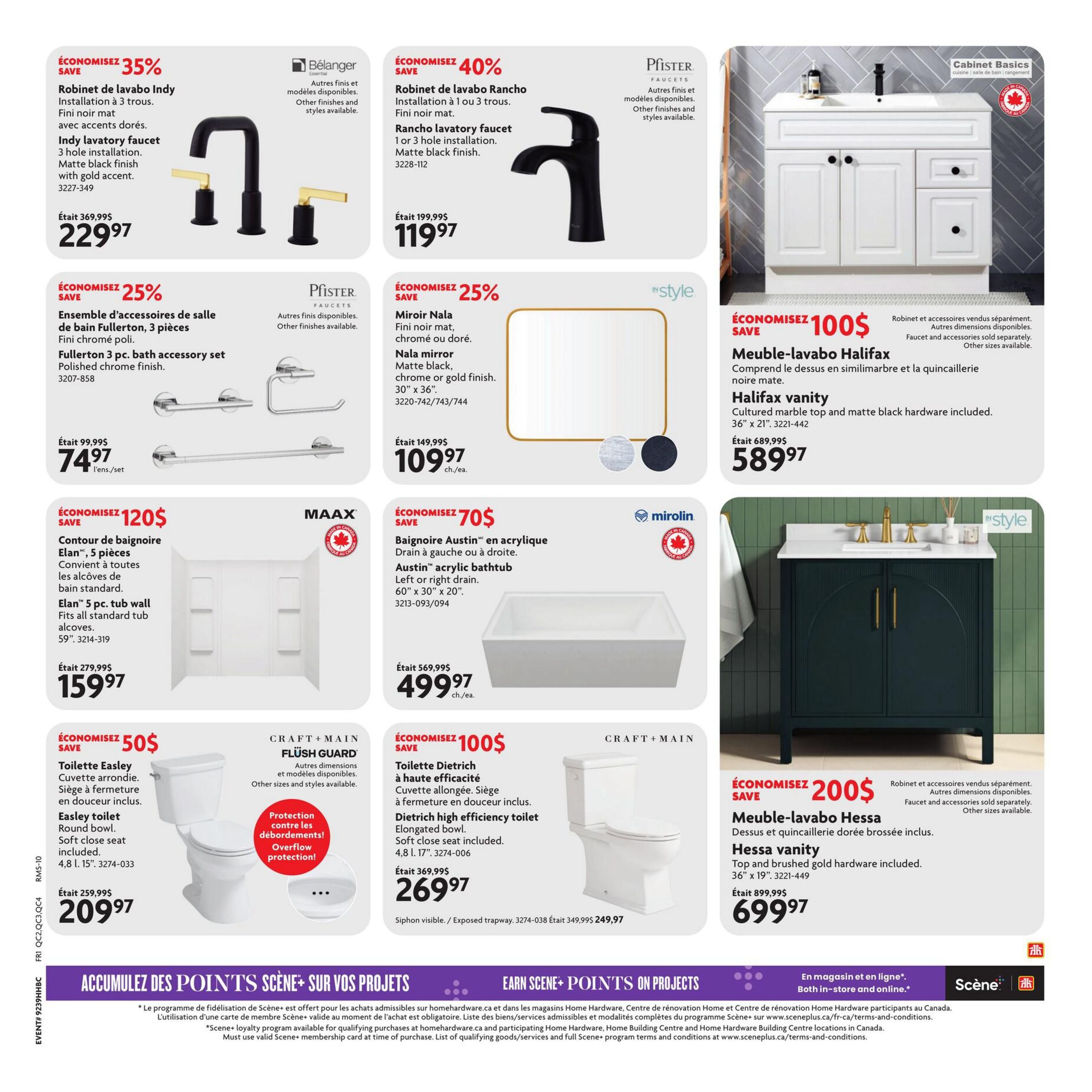 Home Hardware flyer page 18 features bathroom fixtures. Save 35% on the Indy lavatory faucet in matte black with gold accents, now $229.97. Save 25% on the Fullerton 3-piece bath accessory set in polished chrome, only $74.97. Save $120 on the Elan 5-piece tub wall, priced at $159.97. The Nala mirror in matte black, chrome, or gold finish (30' x 36') is 25% off, selling for $109.97. Save 40% on the Rancho lavatory faucet in matte black, available for $119.97. The Austin acrylic bathtub with left or right drain (60' x 30' x 20') is on sale for $499.97, saving $70. Save $100 on the Halifax vanity with cultured marble top and matte black hardware (36' x 21'), priced at $589.97. The Easley toilet with round bowl and soft close seat is 50% off, now $209.97. Save $100 on the Dietrich high efficiency toilet with elongated bowl and soft close seat, selling for $269.97. Finally, save $200 on the Hessa vanity with top and brushed gold hardware (36' x 19'), priced at $699.97. The bottom of the page promotes earning Scene+ points on projects, available both in-store and online.