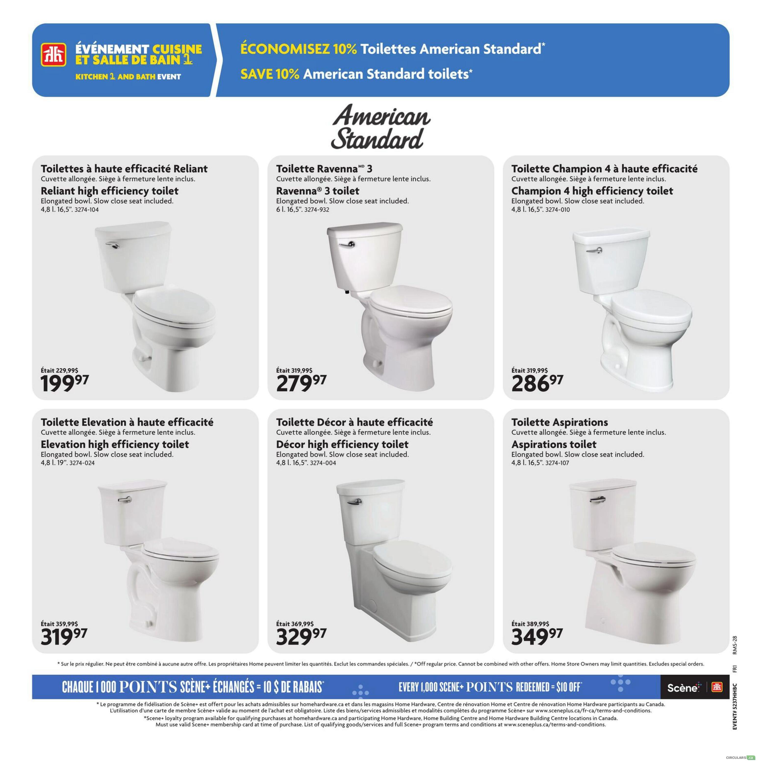 Home Hardware flyer page 20 features American Standard toilets with a 10% savings event. Featured toilets include the Reliant high efficiency toilet, originally $229.99, now $199.97. The Ravenna 3 toilet is on sale for $279.97. The Champion 4 high efficiency toilet is priced at $286.97. The Elevation high efficiency toilet is $319.97, down from $319.99. The Décor high efficiency toilet is $329.97, down from $359.99. The Aspirations toilet is $349.97, down from $389.99. All toilets are elongated bowls with slow close seats included. The bottom banner highlights 'EVERY 1,000 SCENE+ POINTS REDEEMED = $10 OFF' and details the Scene+ loyalty program.
