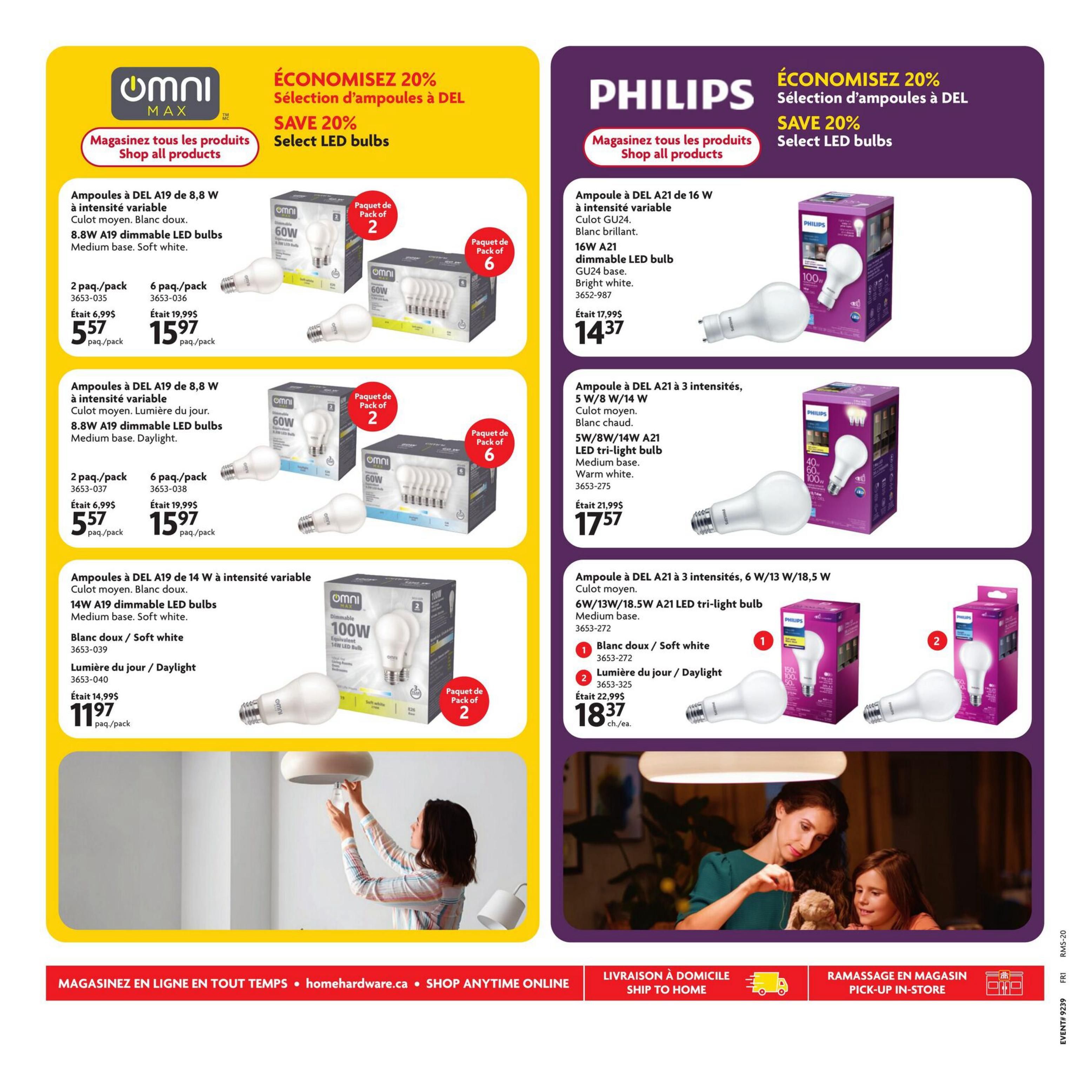 Home Hardware flyer page 21 featuring a 20% discount on select LED bulbs from Omni Max and Philips. Omni Max offers 8.8W A19 dimmable LED bulbs in medium base, soft white, available in 2-packs for $5.57 (originally $6.99) and 6-packs for $15.97 (originally $19.99). Also featured are 14W A19 dimmable LED bulbs in medium base, soft white or daylight, for $11.97 (originally $14.99). Philips offers 16W A21 dimmable LED bulbs in GU24 base, bright white, for $14.37 (originally $17.99). Additionally, Philips offers A21 LED tri-light bulbs in medium base: 5W/8W/14W for $17.57 (originally $21.99) and 6W/13W/18.5W for $18.37 each (originally $22.99). The page also shows images of people installing light bulbs and a family in a living room. Shop anytime online at homehardware.ca.