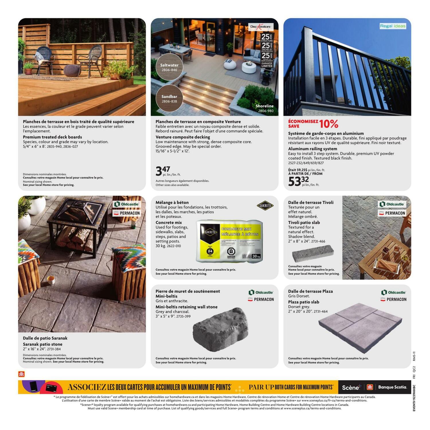 Page 22 of the Home Hardware flyer features various outdoor living and building materials. Top row displays premium treated deck boards, Venture composite decking in Saltwater and Sandbar colours, and Shoreline composite decking. Also featured is a Regal ideas aluminum railing system with a 10% saving, priced at $53.32 per linear foot. The bottom row showcases Oldcastle Permacon products: Tivoli patio slabs in Shadow blend, Saranak patio stones, Mini-belts retaining wall stones in Grey and charcoal, and Plaza patio slabs in Dorset grey. Prices for the concrete mix and retaining wall stones are available by checking with your local Home store. A promotional banner at the bottom highlights pairing Scene+ and Scotiabank cards for maximum points.