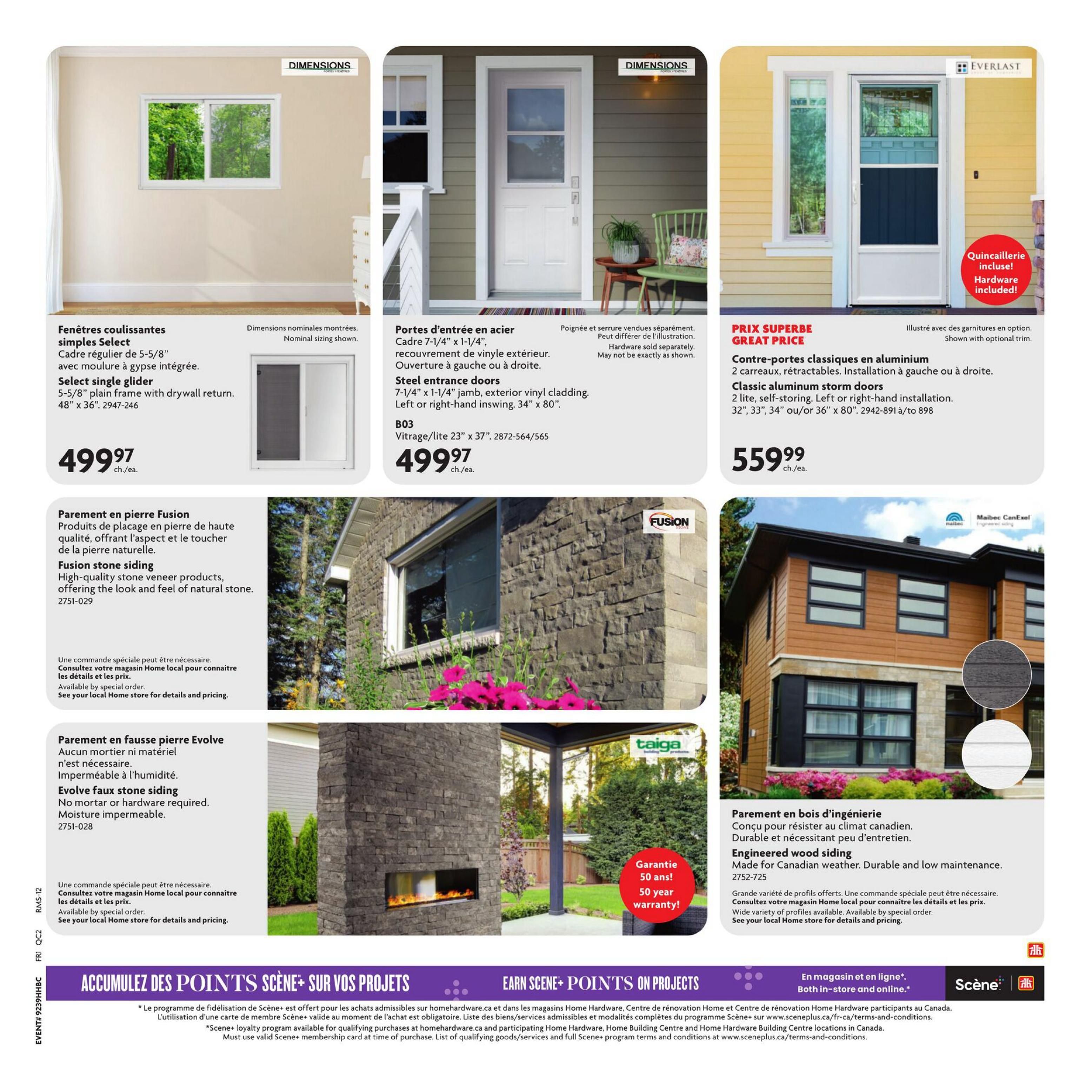 Home Hardware flyer page 23 features Select single glider windows for $499.97, described as 5-5/8' plain frame with drywall return, 48' x 36'. Also available are steel entrance doors for $499.97, with 7-1/4' x 1-1/4' jamb and exterior vinyl cladding, available in left or right-hand inswing, 34' x 80'. Classic aluminum storm doors are priced at $559.99, featuring 2 lite, self-storing design, available in left or right-hand installation, in sizes 32', 33', 34' or 36' x 80'. The page also showcases Fusion stone siding, offering high-quality stone veneer products for a natural stone look and feel, and Evolve faux stone siding, which requires no mortar or hardware and is moisture impermeable. Additionally, engineered wood siding, made for Canadian weather and low maintenance, is featured. The bottom of the page highlights earning Scene+ points on projects, with details about the loyalty program available in-store and online.
