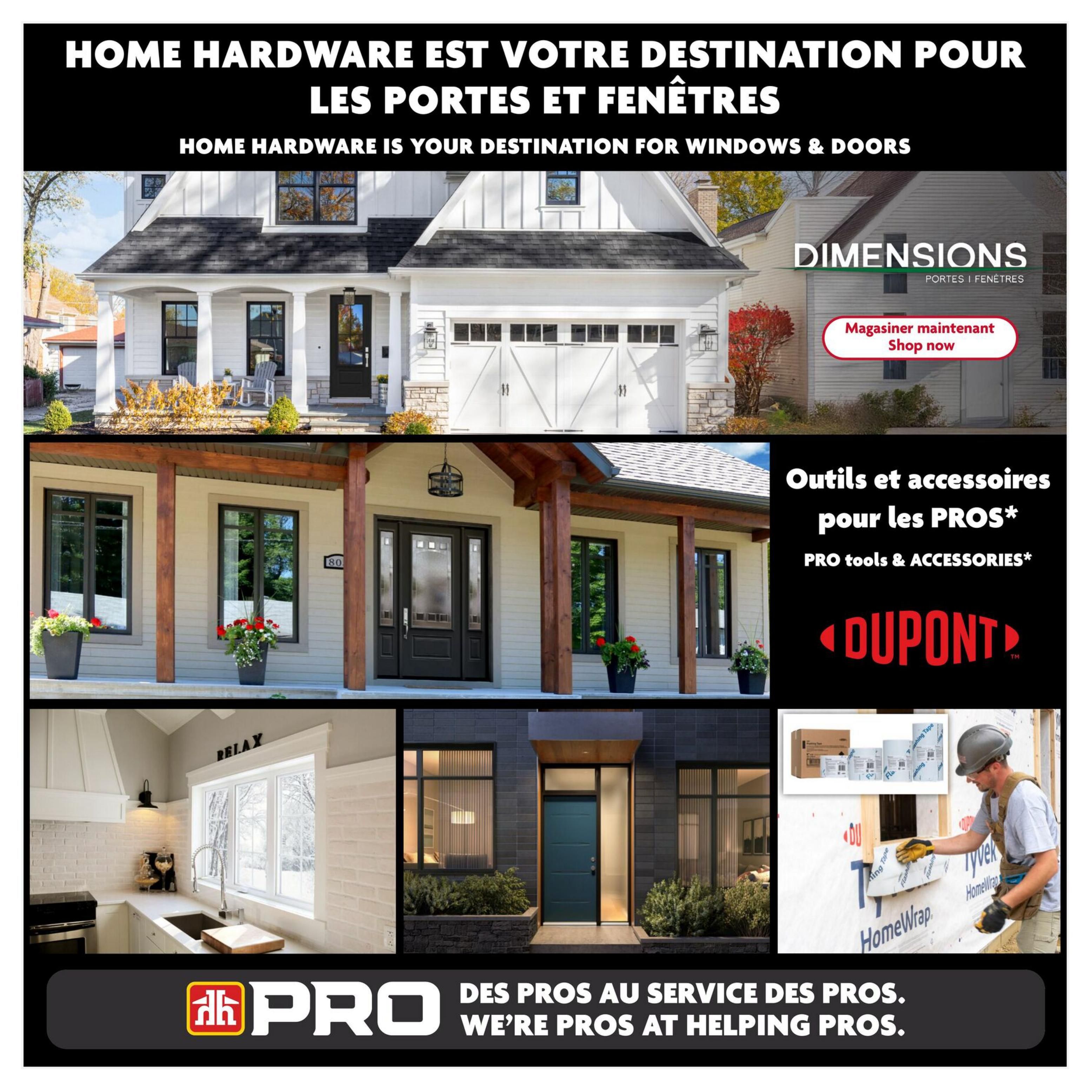 Home Hardware is your destination for windows & doors. This page features various exterior and interior door and window styles, including a modern front entrance with a teal door and large windows, a classic white house with a covered porch and double garage doors, and a kitchen window overlooking a snowy scene. The page also highlights 'Dimensions' brand doors and windows with a 'Shop now' button. Additionally, it promotes 'PRO tools & ACCESSORIES' from Dupont, and features a construction worker installing HomeWrap and flashing tape. The bottom of the page displays 'AK PRO' and the slogan 'DES PROS AU SERVICE DES PROS. WE'RE PROS AT HELPING PROS.