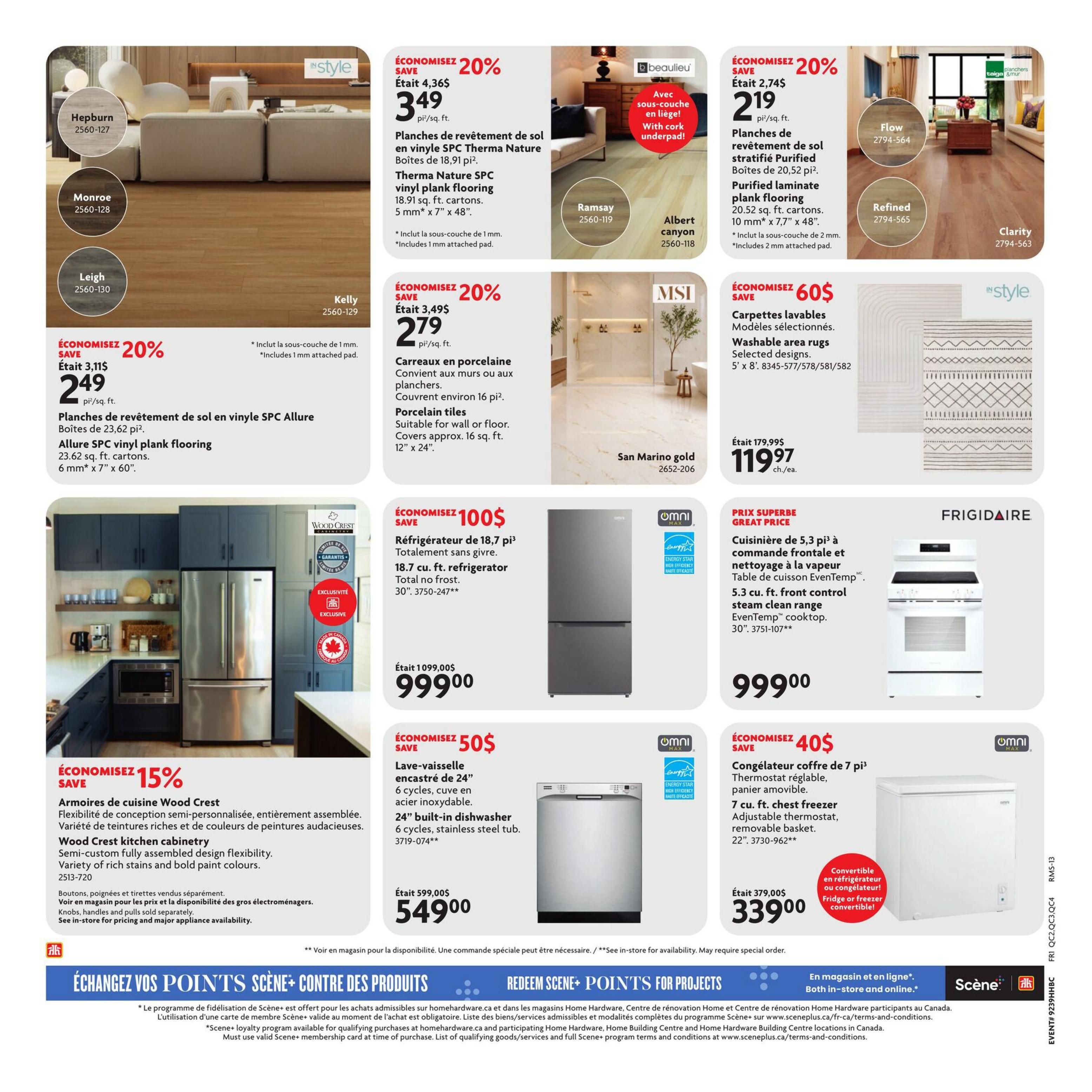 Home Hardware flyer page 26 featuring flooring, kitchen cabinets, appliances, and rugs. Save 20% on Therma Nature SPC vinyl plank flooring, Hepburn, Monroe, Leigh, and Kelly styles, priced at $3.49 per sq. ft. Also save 20% on porcelain tiles suitable for walls or floors, covering 16 sq. ft., for $2.79 per sq. ft. Get purified laminate plank flooring in Flow, Refined, and Clarity styles for $2.19 per sq. ft. with 2 mm attached pad. Save 20% on Allure SPC vinyl plank flooring at $2.49 per sq. ft. Save $60 on washable area rugs in selected designs, 5' x 8', priced at $119.97 each. Save $100 on an 18.7 cu. ft. no-frost refrigerator for $999.00. Save $40 on a Frigidaire 5.3 cu. ft. front control steam clean range for $999.00. Save $50 on a 24' stainless steel dishwasher for $549.00. Save $40 on a 7 cu. ft. chest freezer for $339.00. Save 15% on Wood Crest semi-custom fully assembled kitchen cabinetry, available in various stains and paint colours. Knobs, handles, and pulls sold separately. Scene+ points can be redeemed for products.
