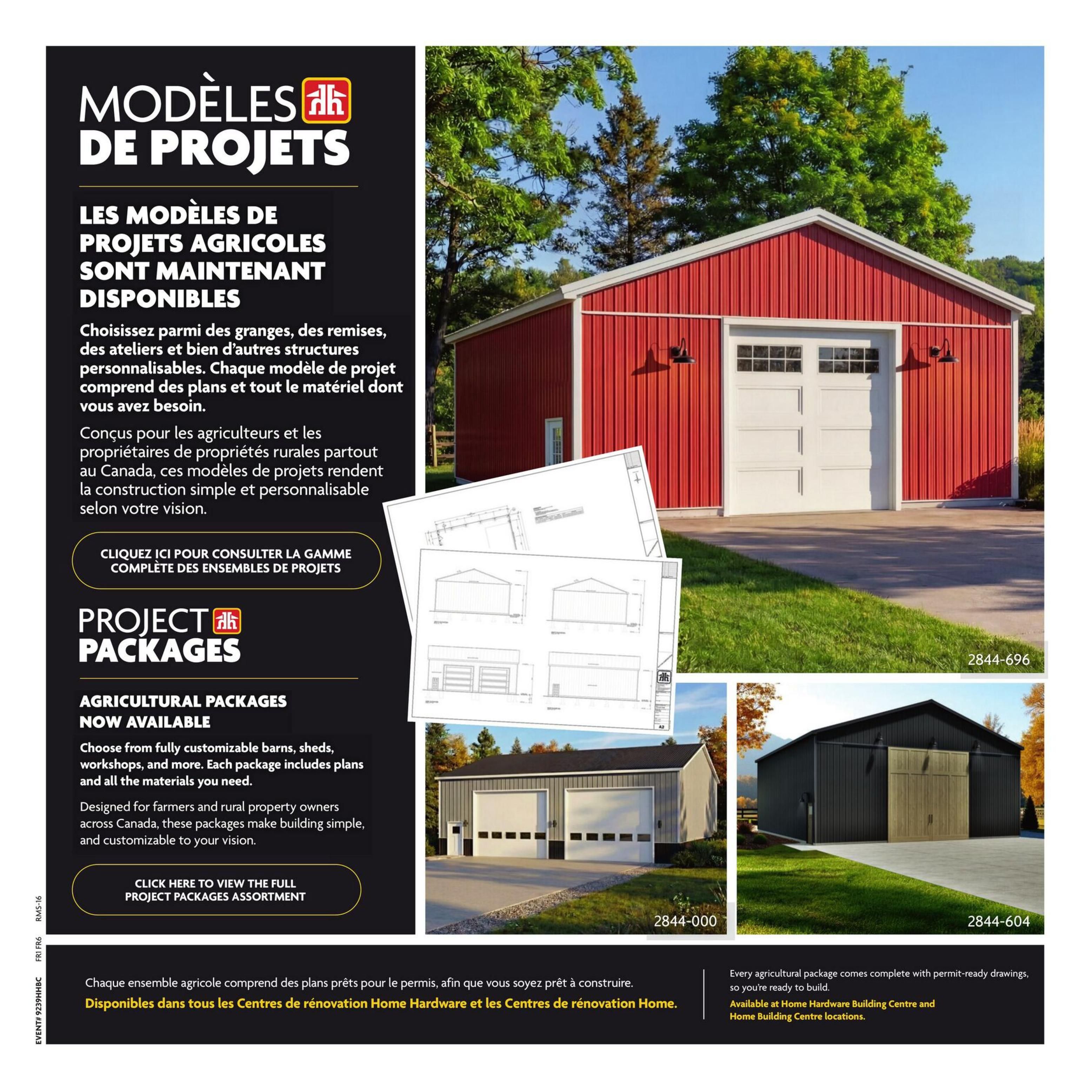 Home Hardware flyer page 29 features agricultural project packages. The page showcases various building models including a red barn with a white garage door, a grey metal building with two garage doors, and a black barn with a large wooden sliding door. These project packages include plans and all necessary materials, designed for farmers and rural property owners across Canada. The text highlights that these packages make building simple and customizable. A call to action invites users to 'Click here to view the full project packages assortment'. The page also mentions that every agricultural package comes with permit-ready drawings, available at Home Hardware Building Centre and Home Building Centre locations.