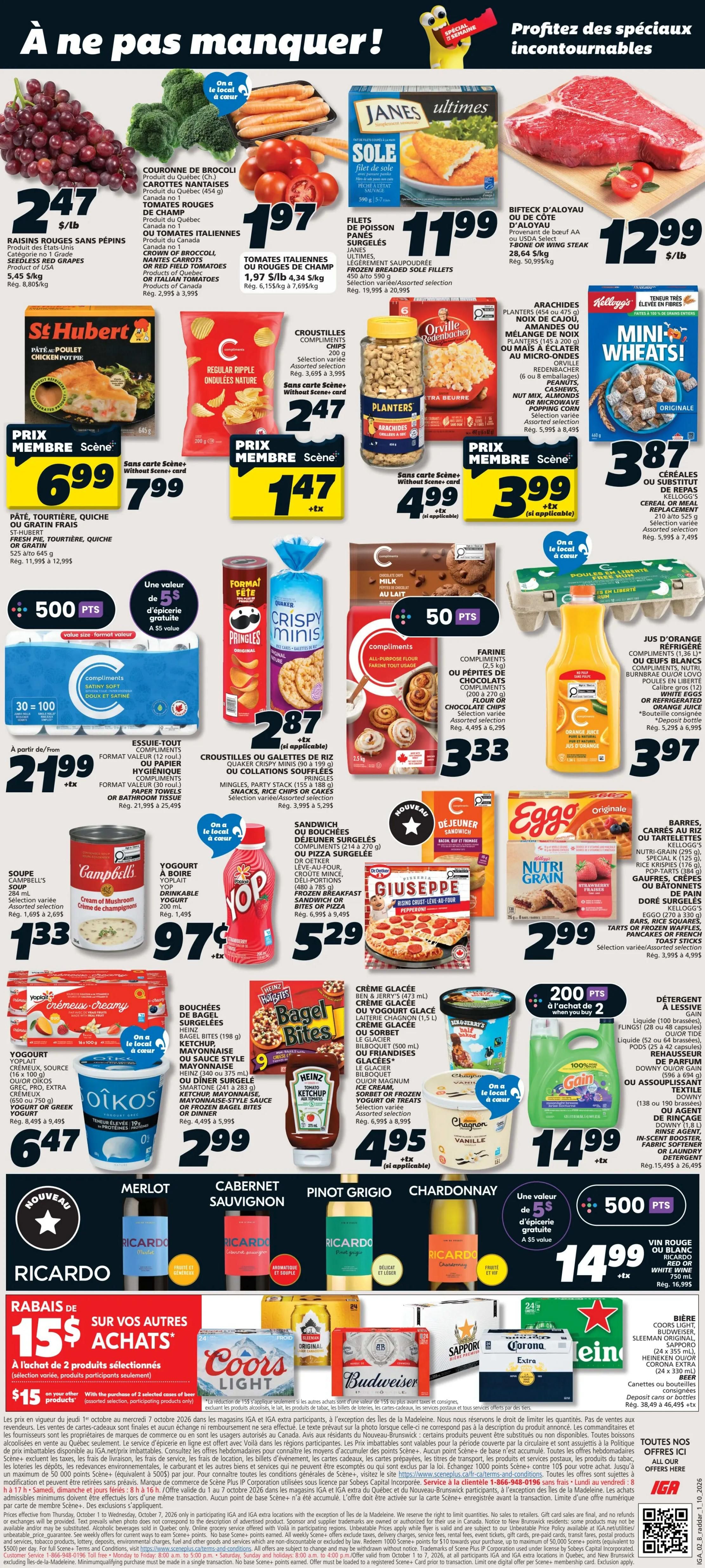 IGA Quebec weekly flyer specials page 2. Featuring fresh produce like red grapes for $2.47/lb, broccoli crowns for $2.47/lb, and field tomatoes for $1.97/lb. Also on sale are Janes Ultimes frozen breaded sole fillets for $11.99, and Biftdeck d'aloyau or beef steak for $12.99/lb. Other deals include St. Hubert chicken pot pie for $6.99, Compliments chips for $2.47, Planters peanuts for $1.47, and Kellogg's Mini-Wheats cereal for $3.87. Compliments paper towels are $21.99 for 30=100 rolls. Quaker Crispy Minis are $2.87. Compliments all-purpose flour is $3.33. Orange juice is $3.97. Campbell's soup is $1.33. Yoplait yogurt is $0.97. Oikos yogurt is $6.47. Heinz Bagel Bites are $2.99. Giuseppi pepperoni pizza is $5.29. Ben & Jerry's ice cream is $4.95. Nutri Grain bars are $2.99. Gain laundry detergent is $14.99. Also featured are Ricardo wines: Merlot, Cabernet Sauvignon, Pinot Grigio, and Chardonnay, with a special offer of 500 Scene+ points. The bottom section highlights a 'Buy 2, Get 5$ in grocery savings' offer on selected products, including Coors Light, Budweiser, Sapporo, and Corona beer. Additional offers include 500 Scene+ points on selected Ricardo products and a 5$ grocery discount with the purchase of 2 selected items. selected purchases of 2 selected items.
