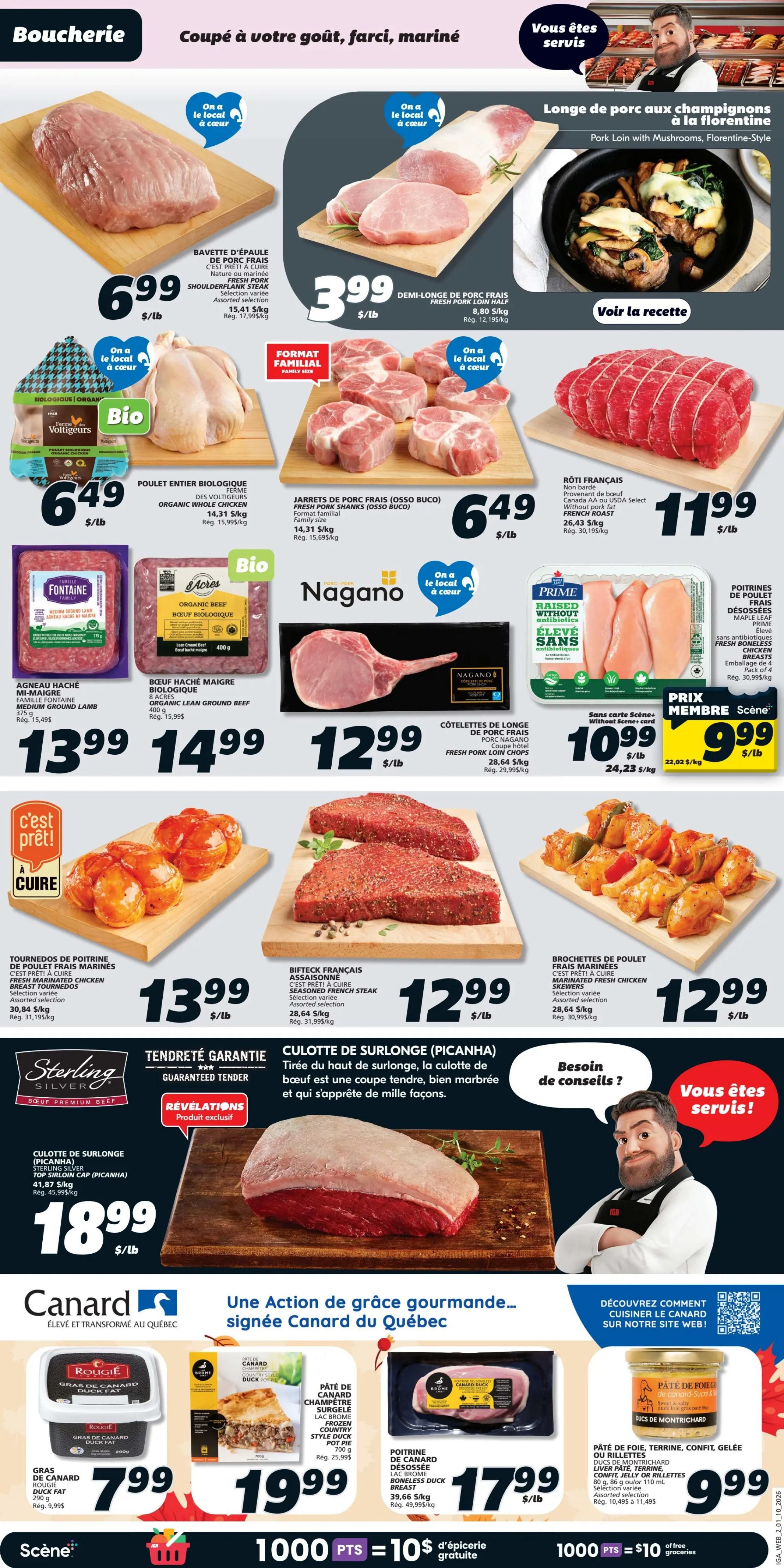 IGA Weekly Flyer Specials, Page 4. Featuring a variety of meat products. Top row includes: Pork Shoulder Flank steak for $6.99/lb, Fresh Pork Loin Half for $3.99/lb, and Pork Loin with Mushrooms Florentine-Style. Middle row showcases: Organic Whole Chicken for $6.49/lb, Fresh Pork Shanks (Osso Buco) for $6.49/lb, French Roast for $11.99/lb, and PRIME Boneless Chicken Breasts for $10.99 (Scène member price $9.99). Bottom row displays: Fontaine Family Marinated Chicken Breast Tournedos for $13.99/lb, Seasoned French Steak for $12.99/lb, Marinated Fresh Chicken Skewers for $12.99/lb. Also featured is Sterling Silver Top Sirloin Cap (Picanha) for $18.99/lb. The bottom section highlights Canard du Québec products: Rougié Duck Fat for $7.99, Nagano Country Style Duck Pot Pie for $19.99, and Lac Brome Boneless Duck Breast for $17.99/lb. Additional duck products include Duck Terrine, Confit, Jelly or Rillettes for $9.99. Offers valid from October 1st to October 7th, 2026.