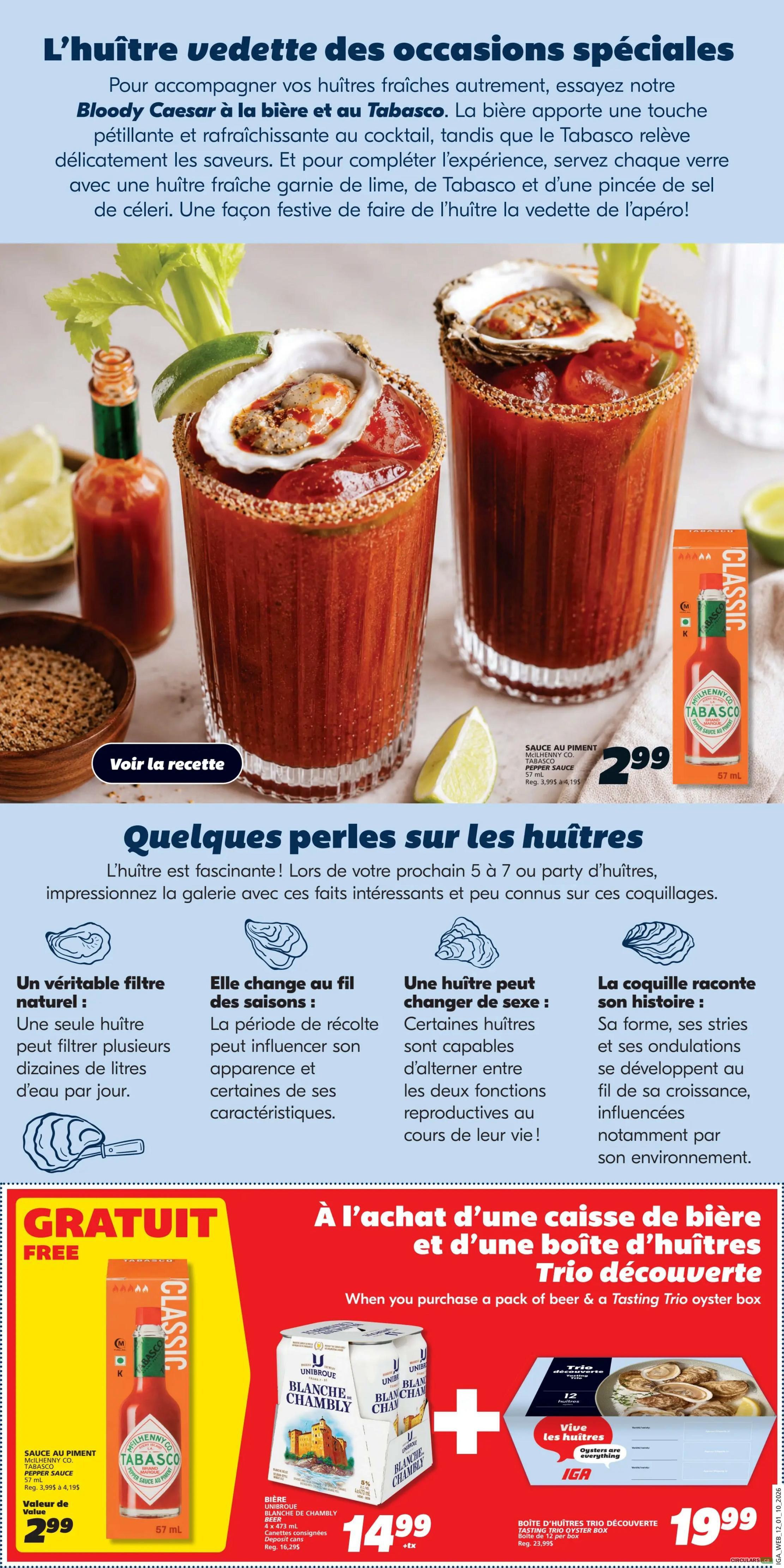 IGA Weekly Flyer Specials, Page 8. This page features a recipe for a Bloody Caesar cocktail with oysters, highlighting Tabasco Pepper Sauce for $2.99. It also includes interesting facts about oysters, such as their natural filtering abilities, seasonal changes, ability to change sex, and how their shells tell their growth story. The bottom section advertises a special offer: when you purchase a case of Unibroue Blanche de Chambly beer for $14.99, you get a Tasting Trio oyster box for $19.99. The beer is 4 x 473 ml, and the oyster box contains 12 oysters per box. This offer is valid from October 1st to October 7th, 2026.